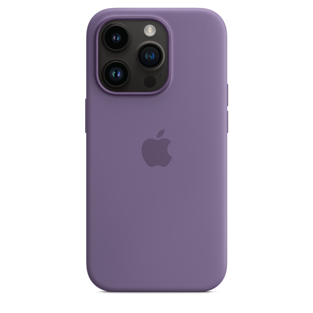 Purple iPhone case with three camera lenses and Apple logo.