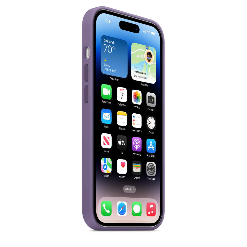 Purple iPhone in a case, showing app icons on the screen. The phone is on a white surface.