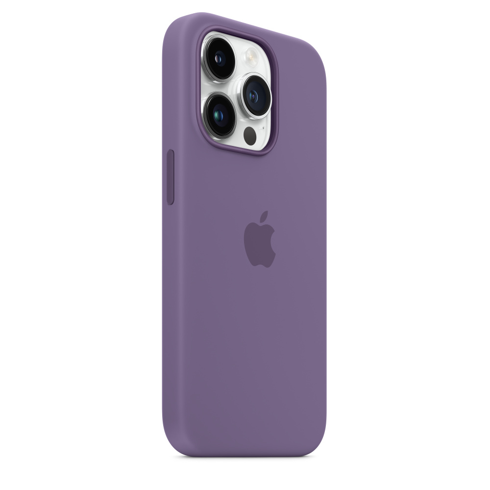 Purple phone case with apple logo. Three lenses on the upper side.