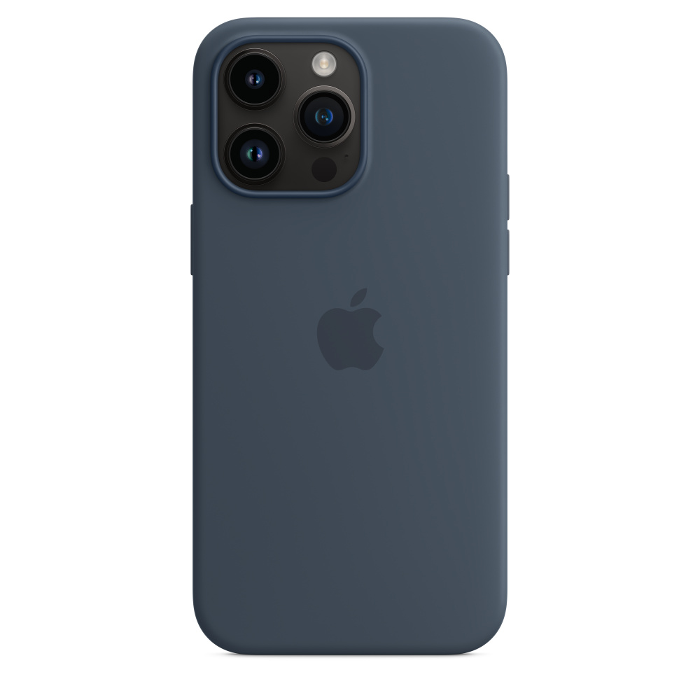 Ciemnoniebieski iPhone z trzema tylnymi aparatami i logo Apple z tyłu.