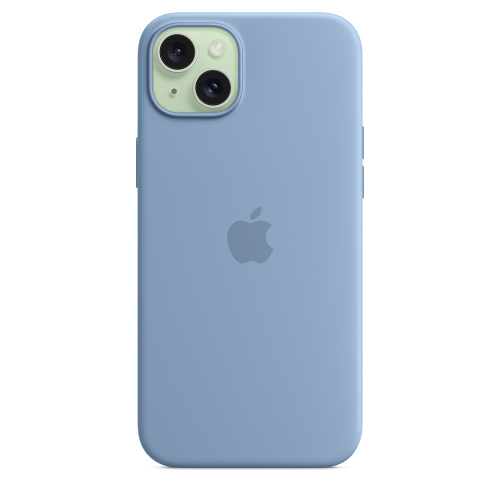 Een blauwe iPhone-hoes met een Apple-logo en camera. Groene camera-omgeving. Witte achtergrond.