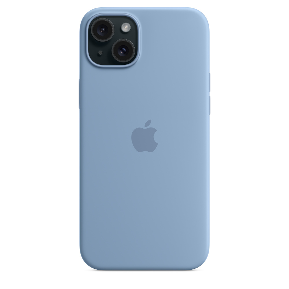 Een lichtblauwe iPhone in een bijpassend hoesje, met het Apple-logo op de achterkant.