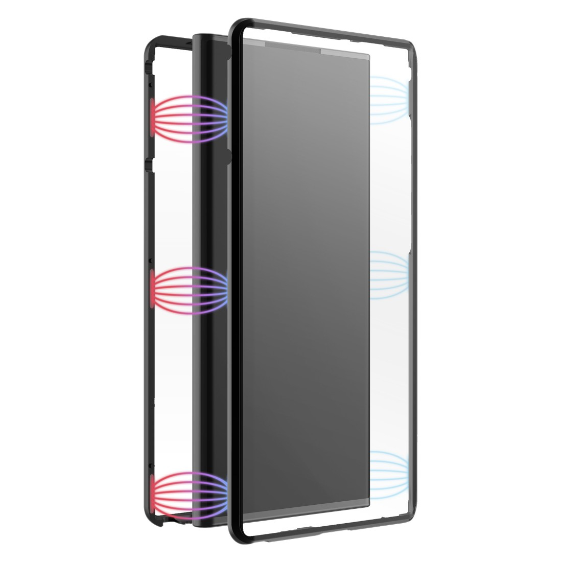 Schwarze Handyhülle mit Telefon und Luftstromgrafiken zur Kühlung.