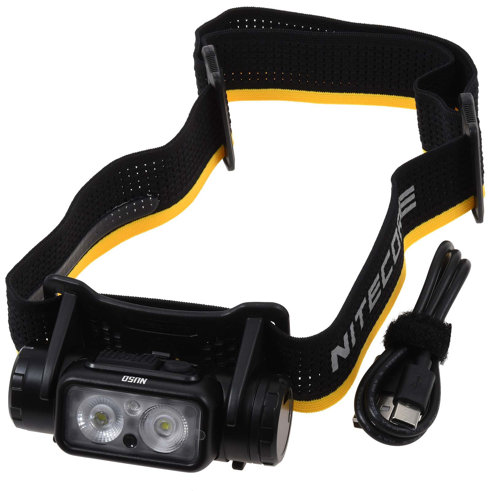 Latarka czołowa z czarnymi i żółtymi paskami. Posiada dwa światła i kabel USB.