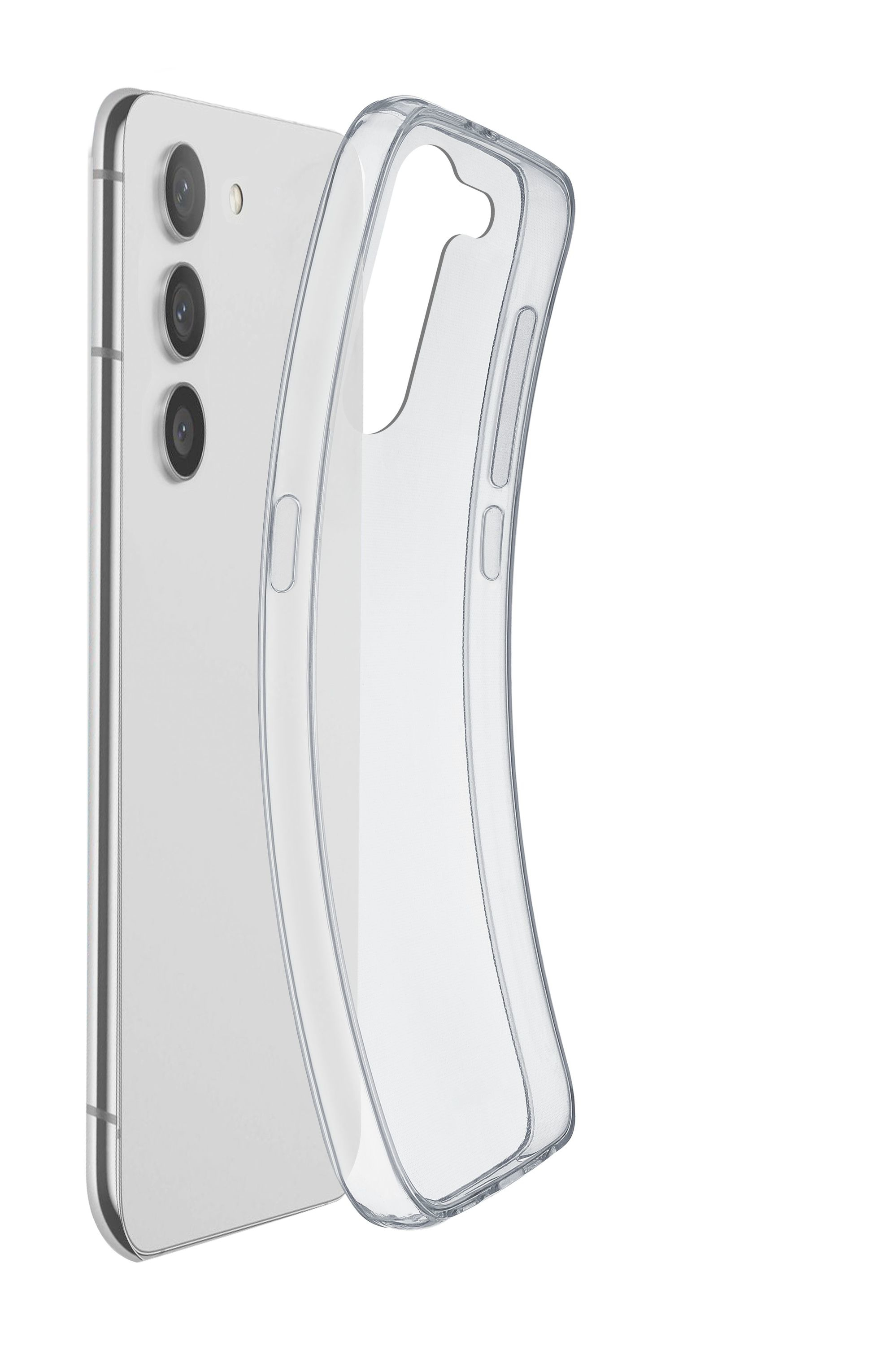 Una funda transparente para teléfono junto a un teléfono inteligente plateado con tres cámaras.