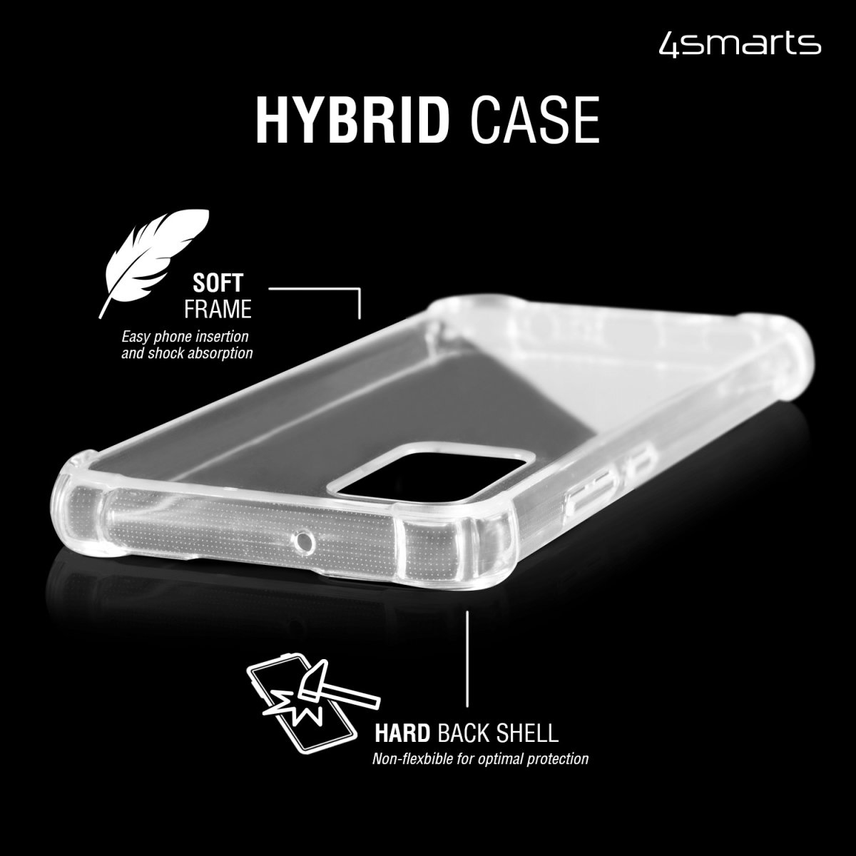 Transparente Handyhülle mit Text 'HYBRID CASE', mit Feder und zerbrochenem Glas-Symbol.