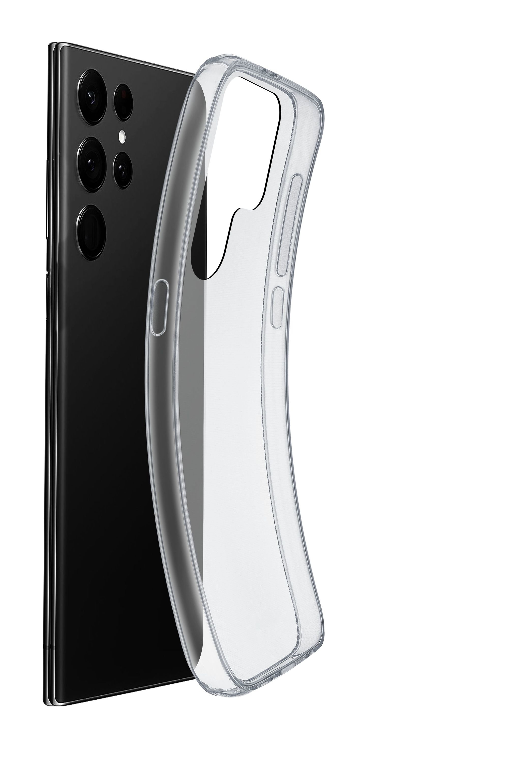 Funda transparente en un smartphone negro. La funda está ligeramente curvada y muestra el teléfono.