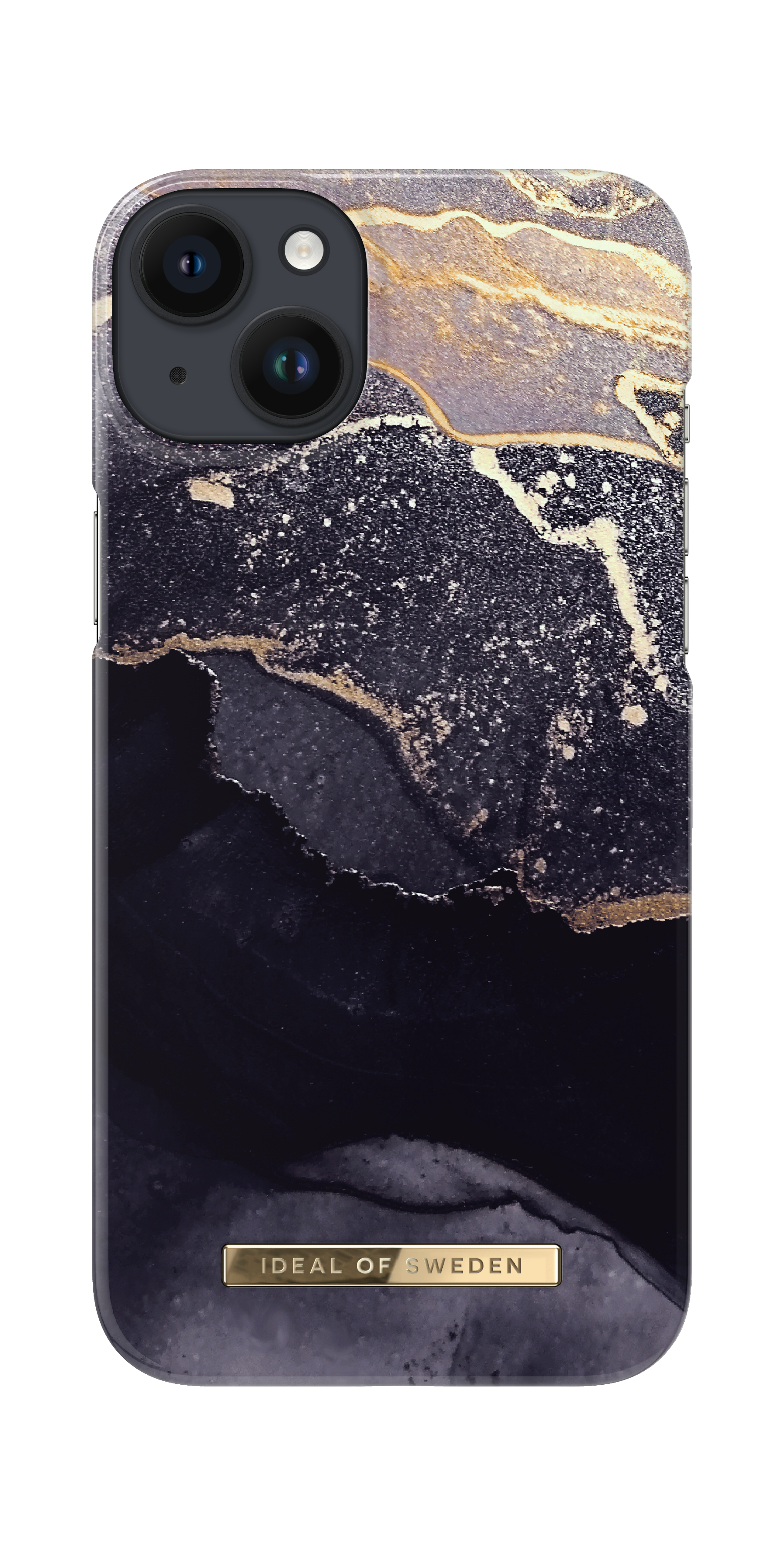 Schwarze Marmor-iPhone-Hülle mit goldenen Akzenten, einer Kamera und einem goldenen Ideal of Sweden-Label. Weißer Hintergrund.
