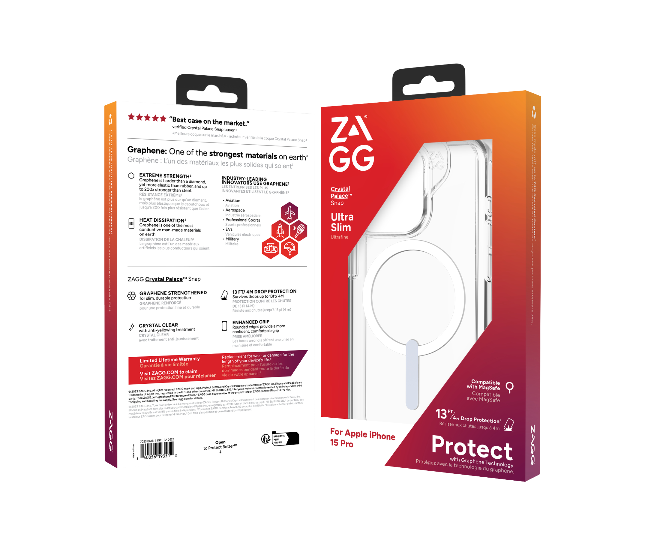 Embalaje de caja de una funda transparente para teléfono con etiquetas y texto. Incluye características como grafeno.