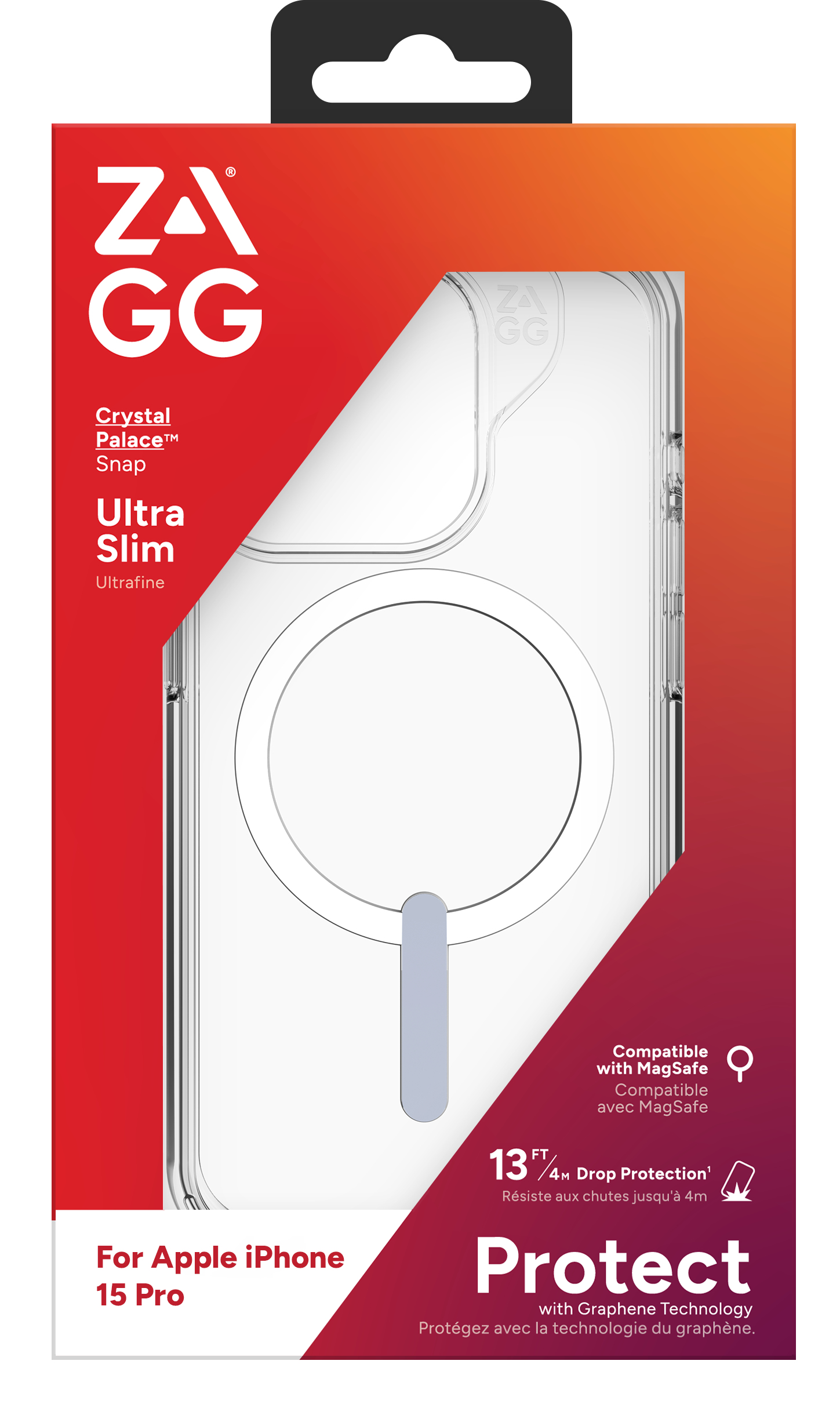 Paquete de funda transparente para teléfono. La funda es transparente con un círculo blanco y una parte superior negra.