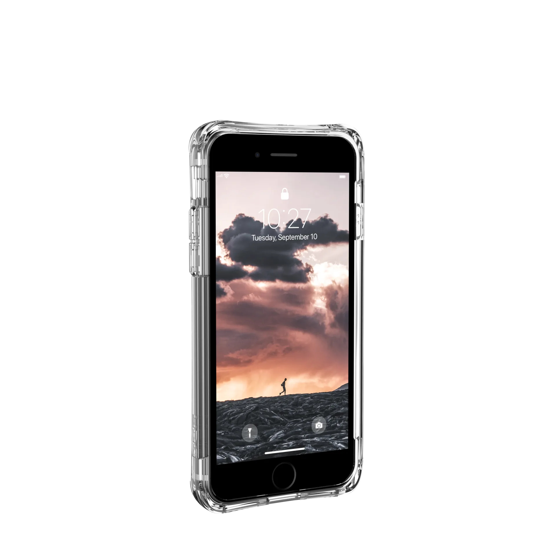 Smartphone in klarer Schutzhülle; zeigt ein Landschaftsbild.