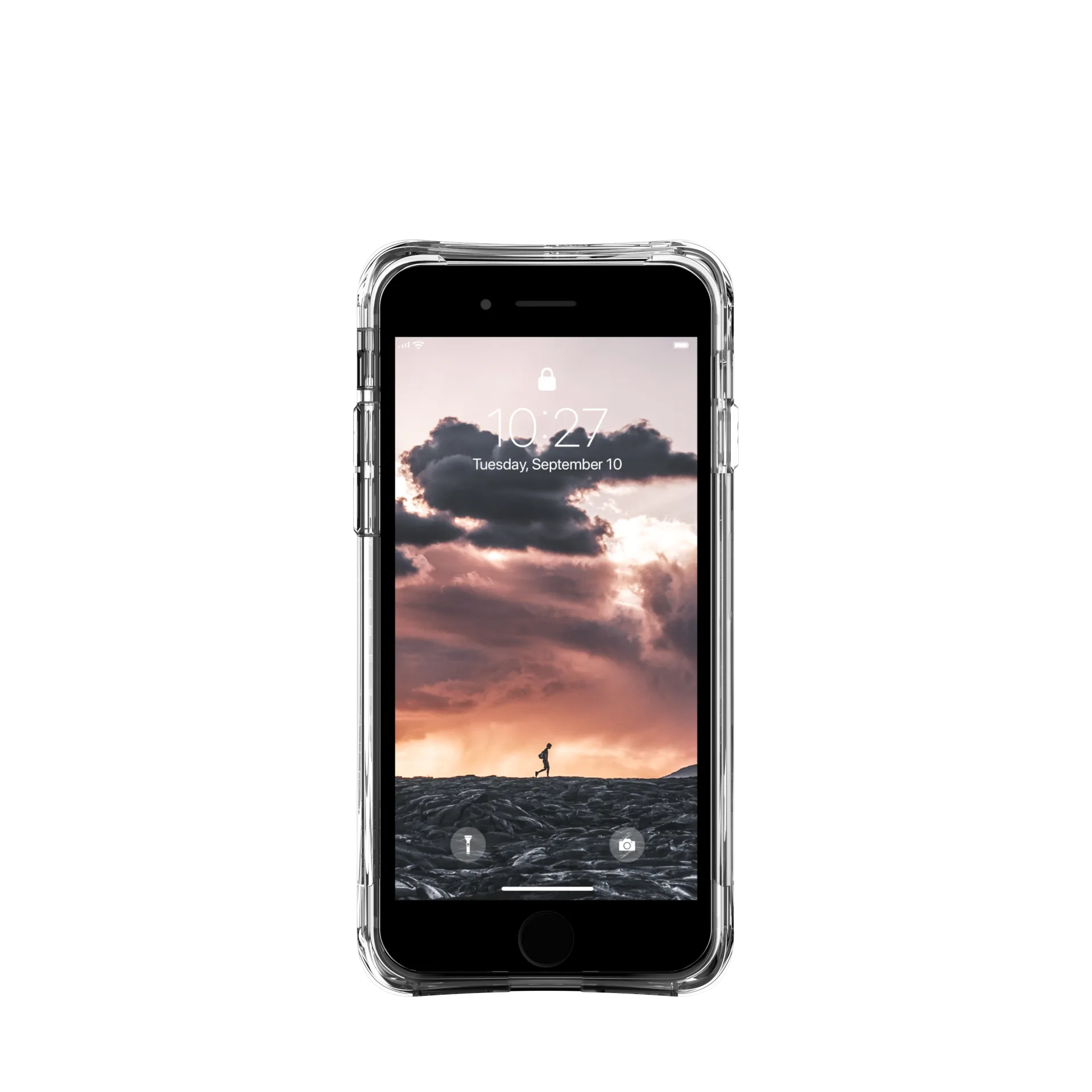 Transparente Handyhülle mit einem Telefon darin. Das Telefon zeigt ein Bild des bewölkten Himmels auf dem Bildschirm.