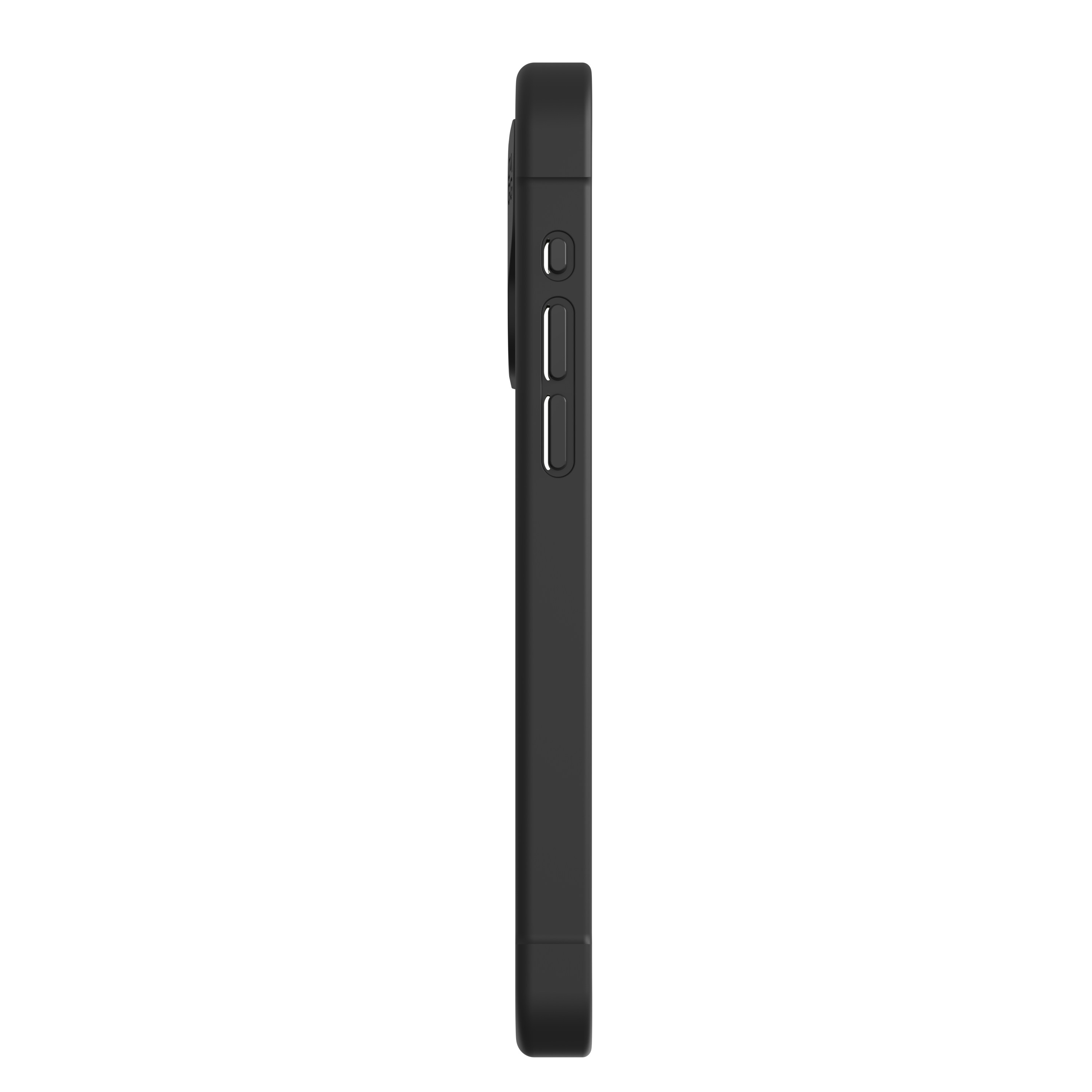 Une coque de téléphone noire avec une vue latérale montrant les boutons et les ports.