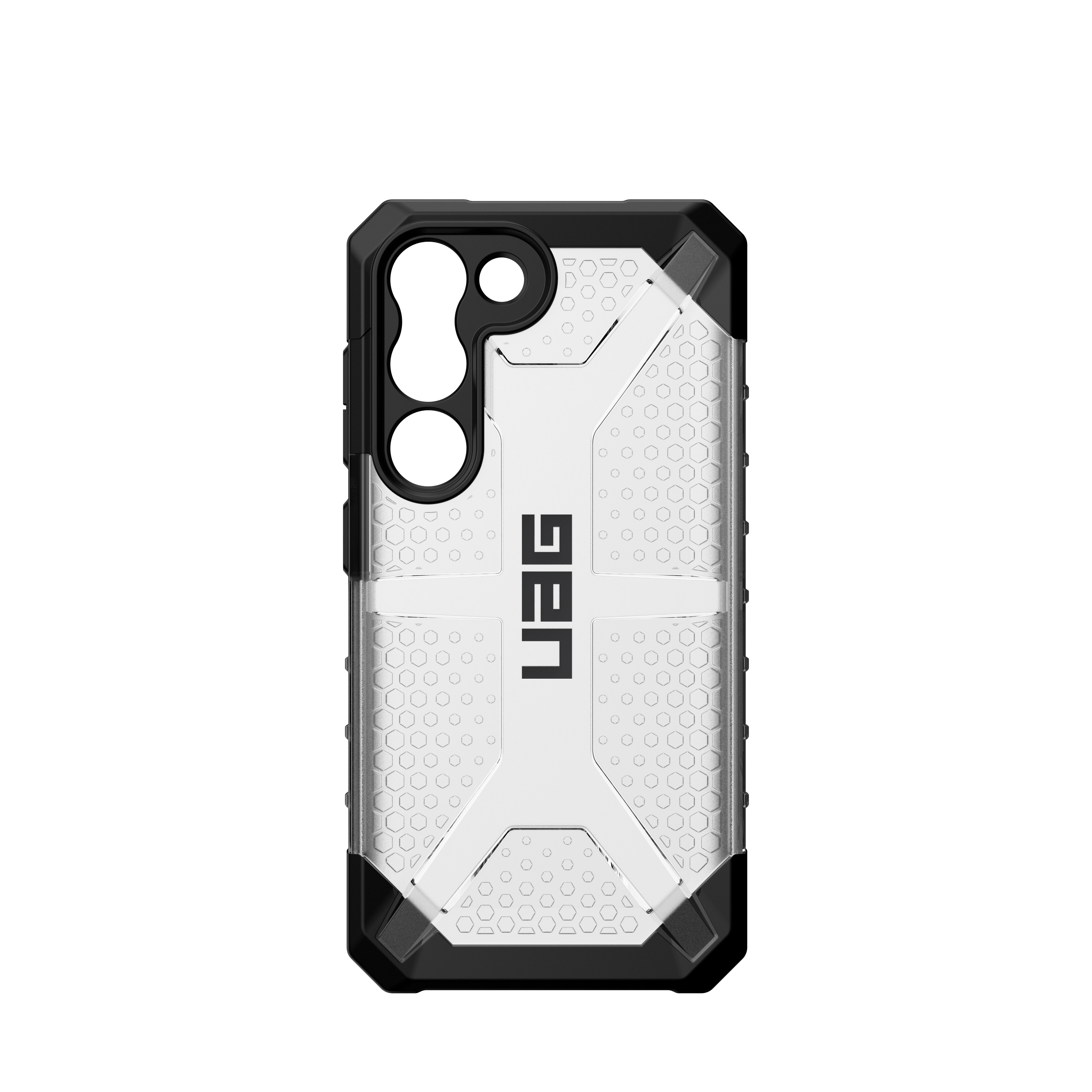 Eine weiß-schwarze Handyhülle mit UAG-Logo und Wabenmuster.