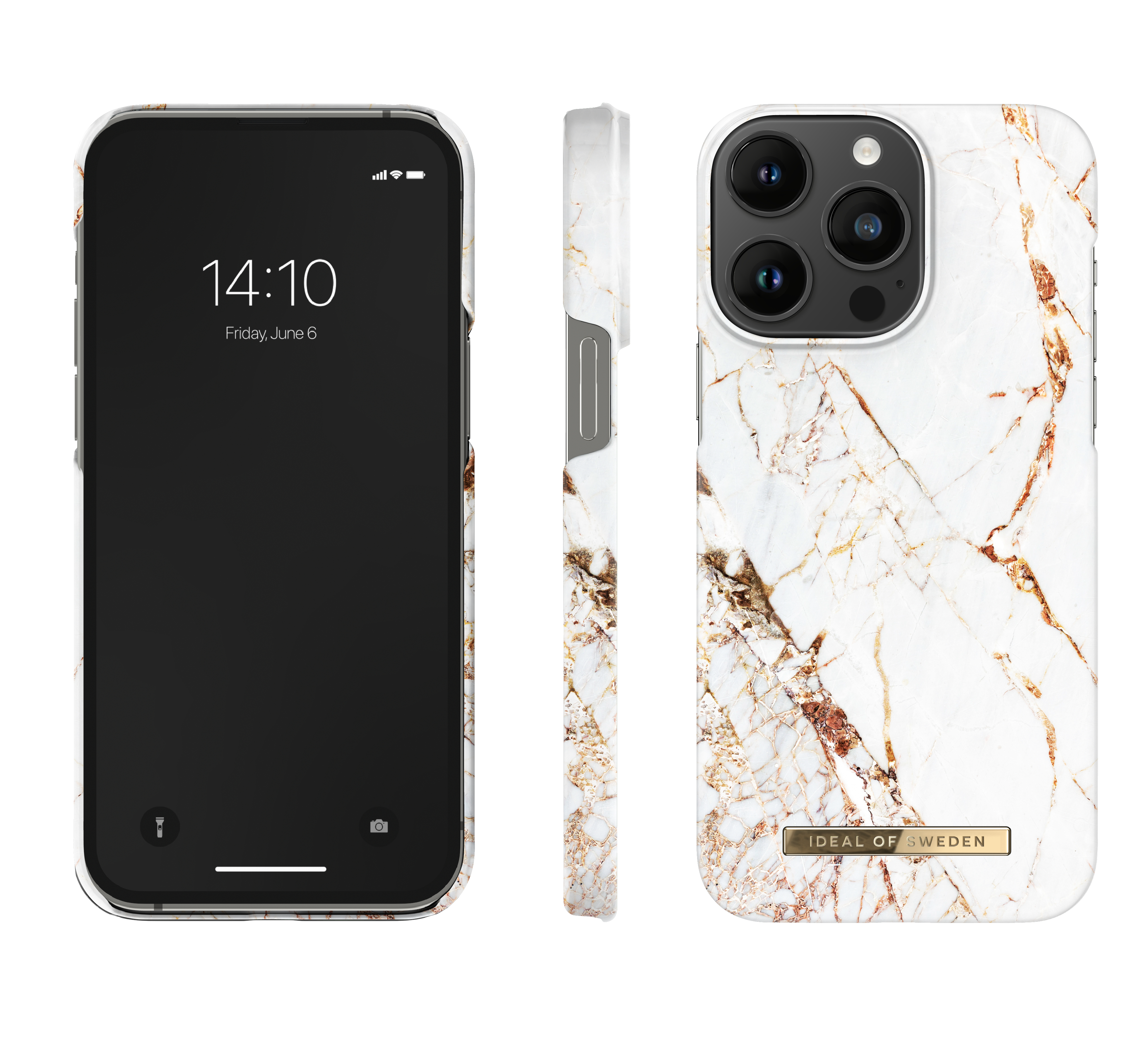 Ein Telefon mit einer Hülle mit Marmormuster. Der Bildschirm zeigt die Uhrzeit und das Datum.