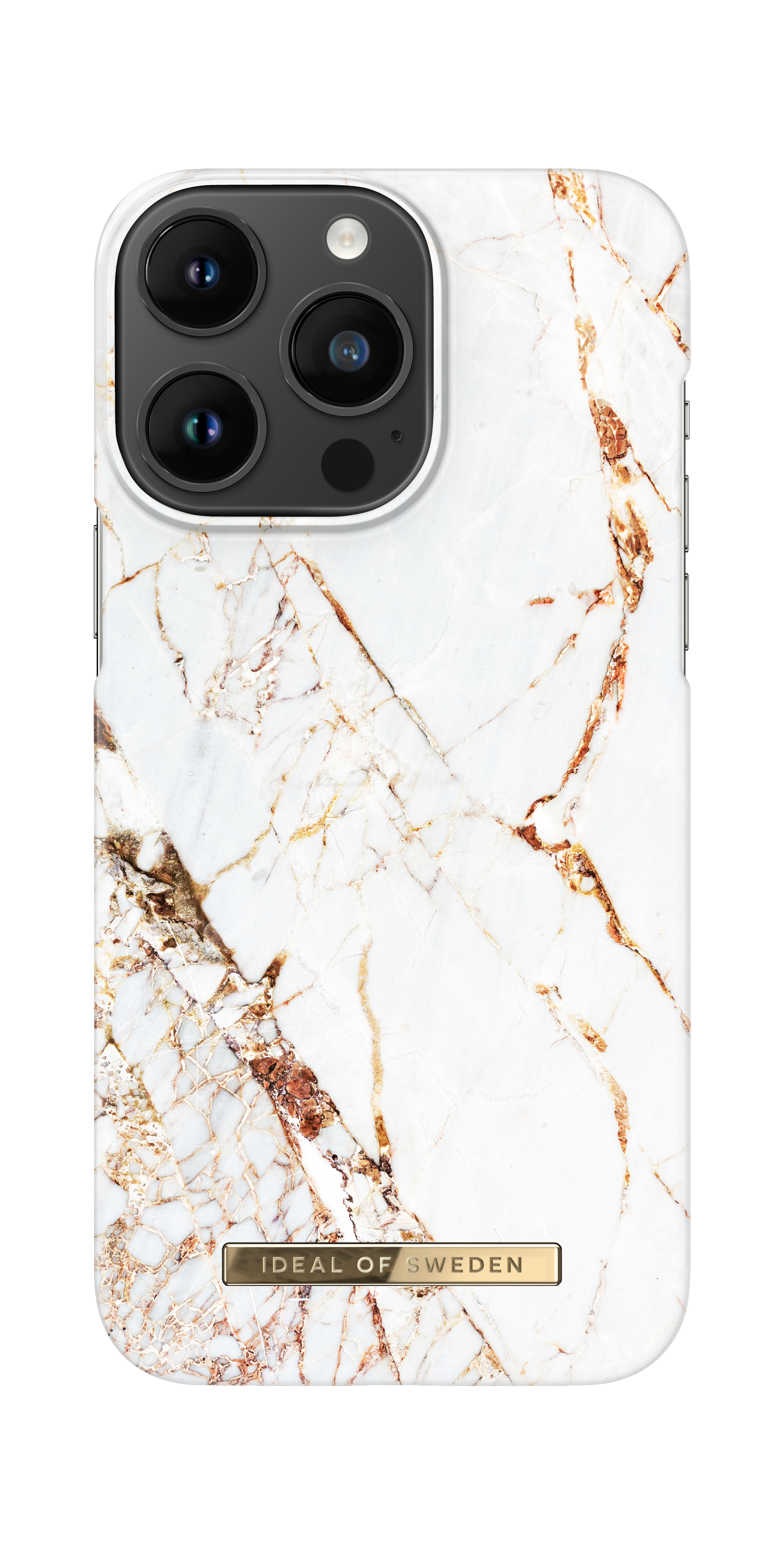 Weißes Handycase mit Marmordesign und goldener Leiste unten. Drei Kameras sind sichtbar.