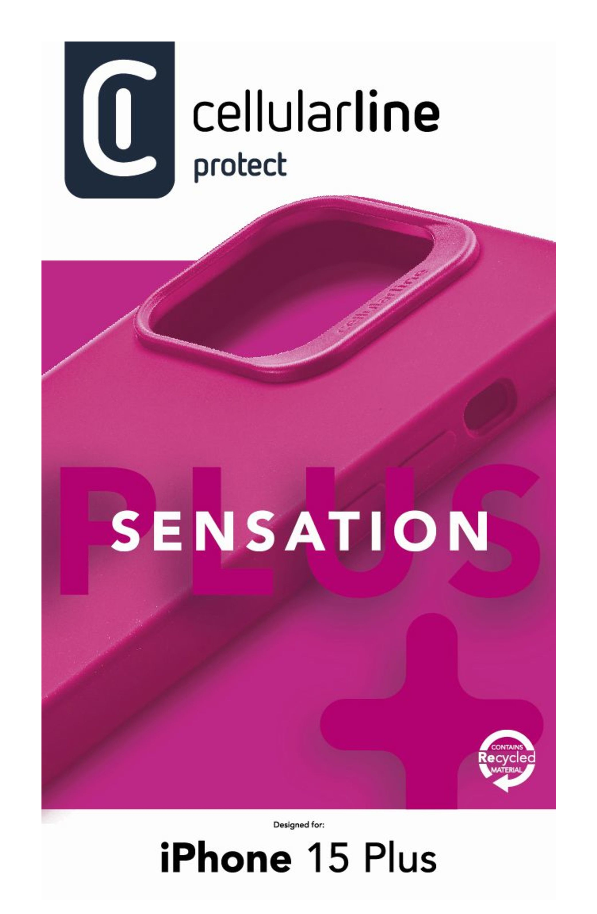 Eine pinke Handyhülle für iPhone 15 Plus, mit Cellularline Logo und dem Wort 'SENSATION'.