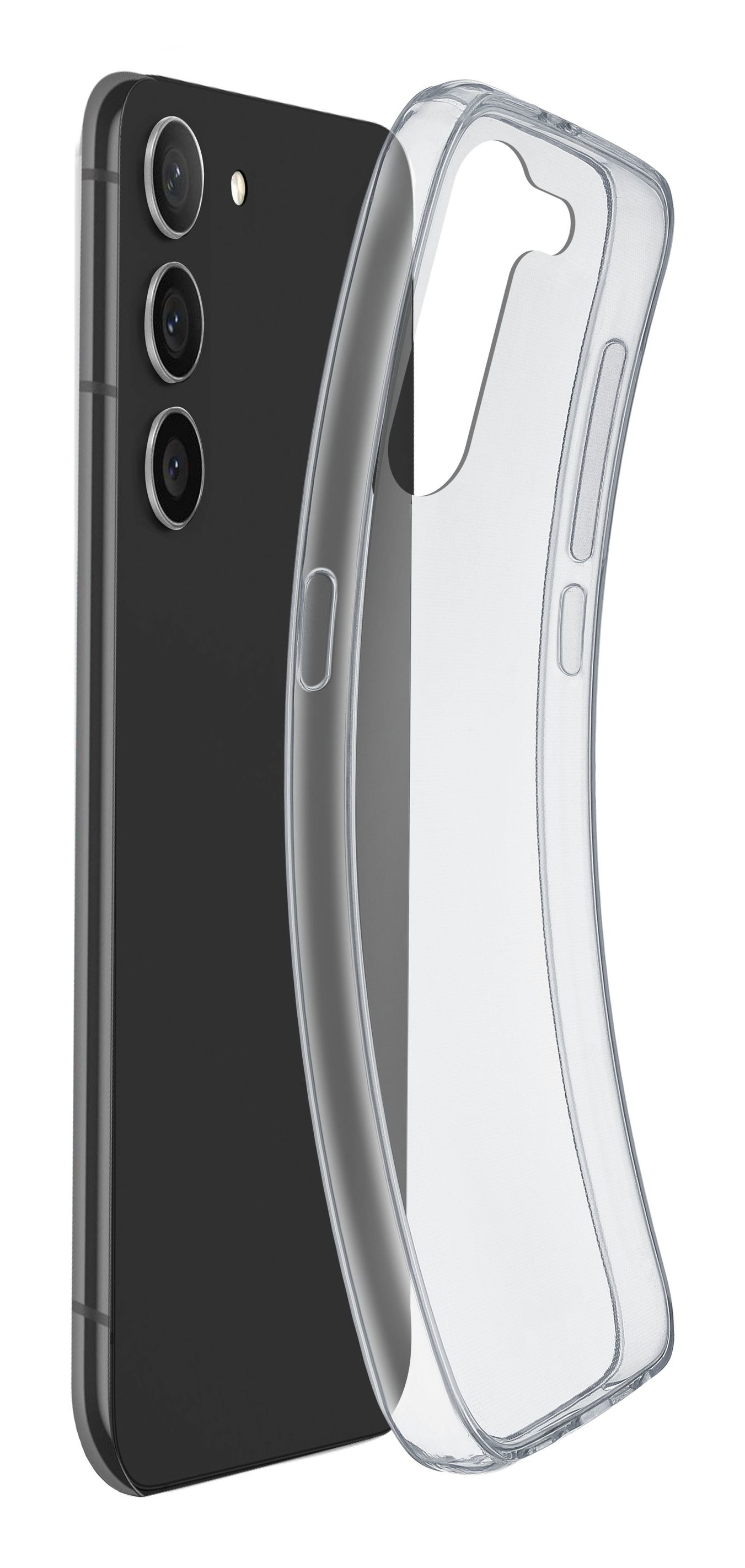 Smartphone nero con custodia trasparente e protezione schermo. Sfondo bianco.