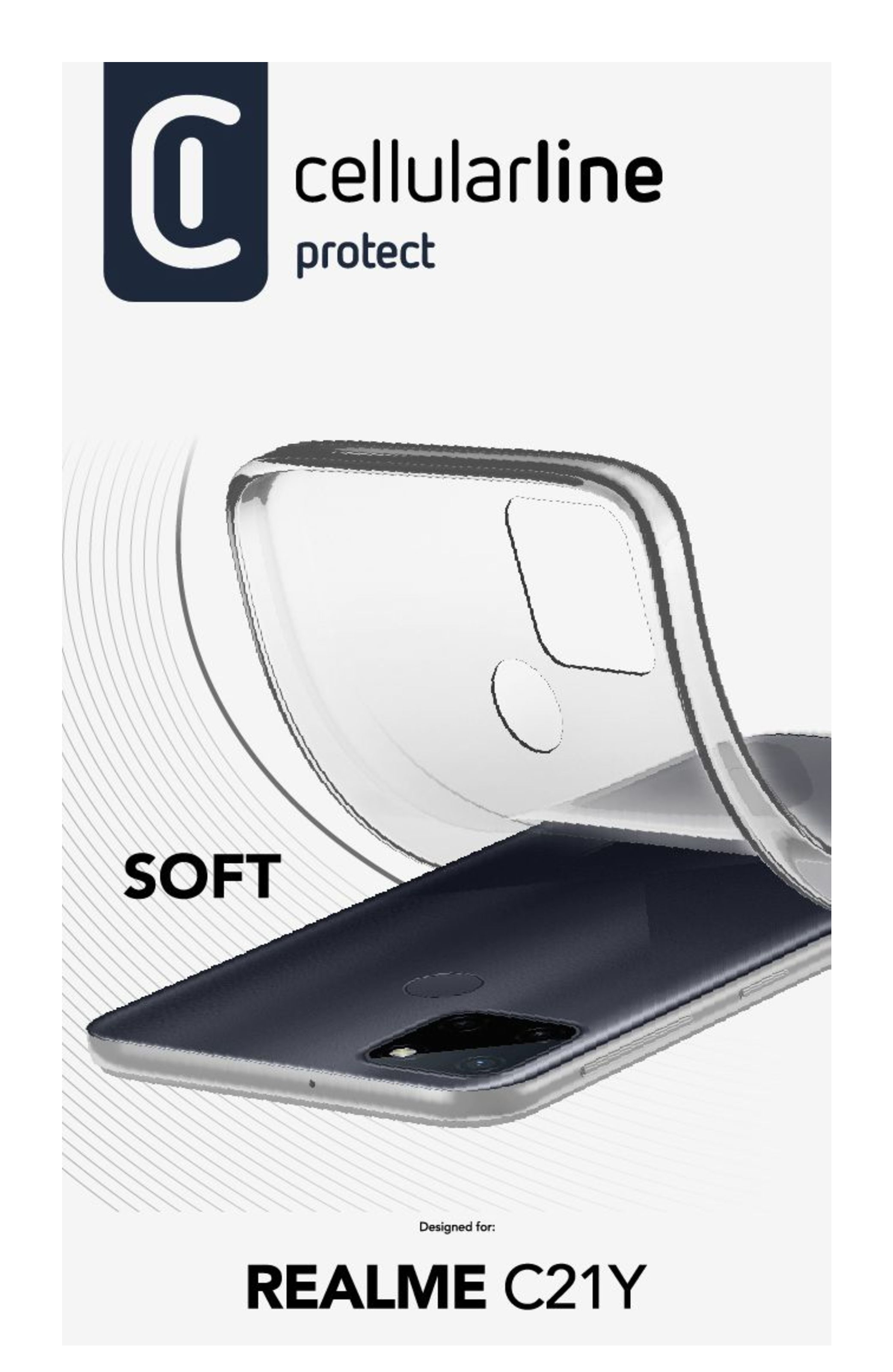 Custodia trasparente su un telefono scuro con etichetta morbida, per REALME C21Y, sfondo bianco.