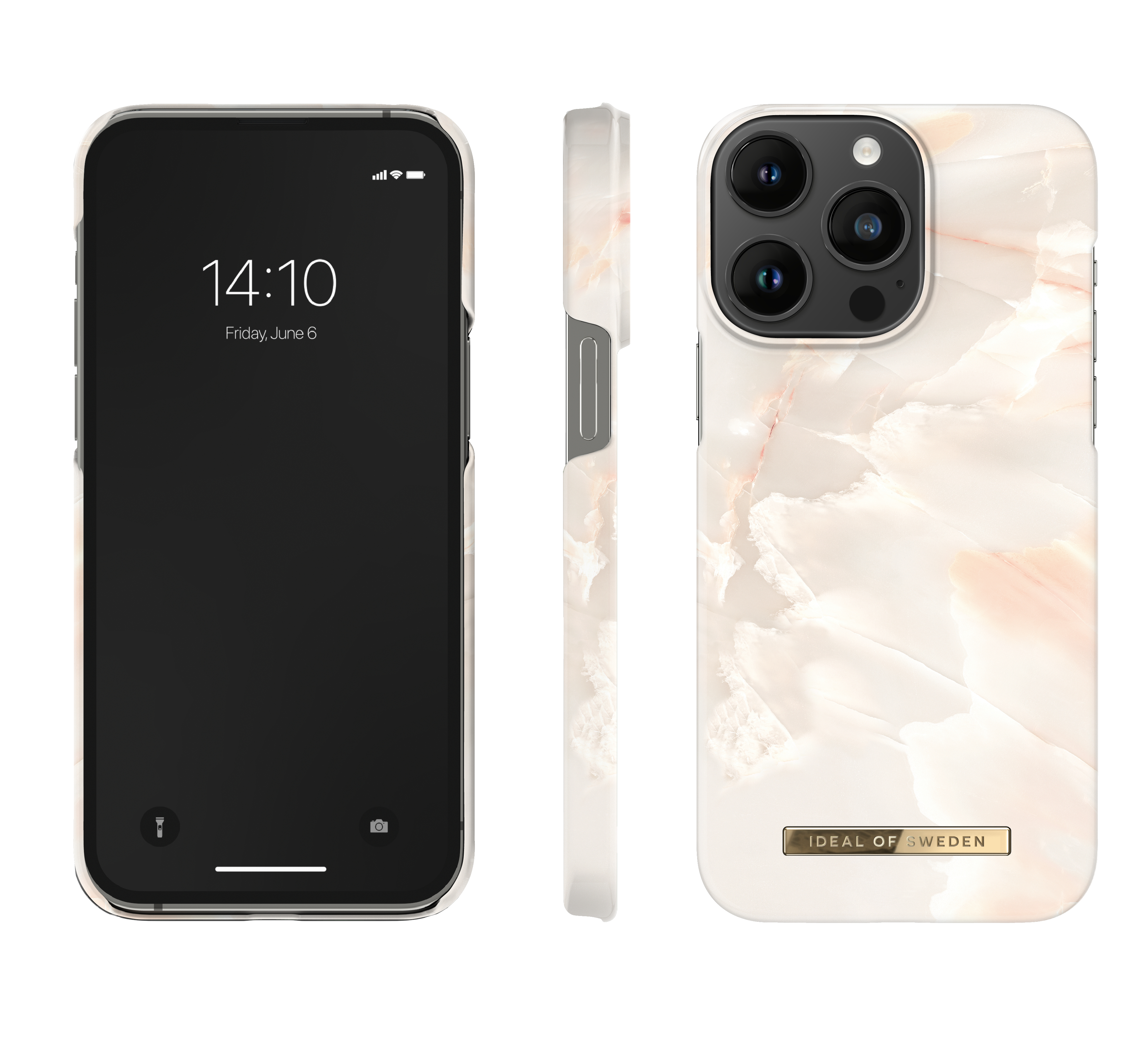 Ein iPhone in einer weiß-rosa marmorierten Hülle, mit Vorder-, Seiten- und Rückansicht.