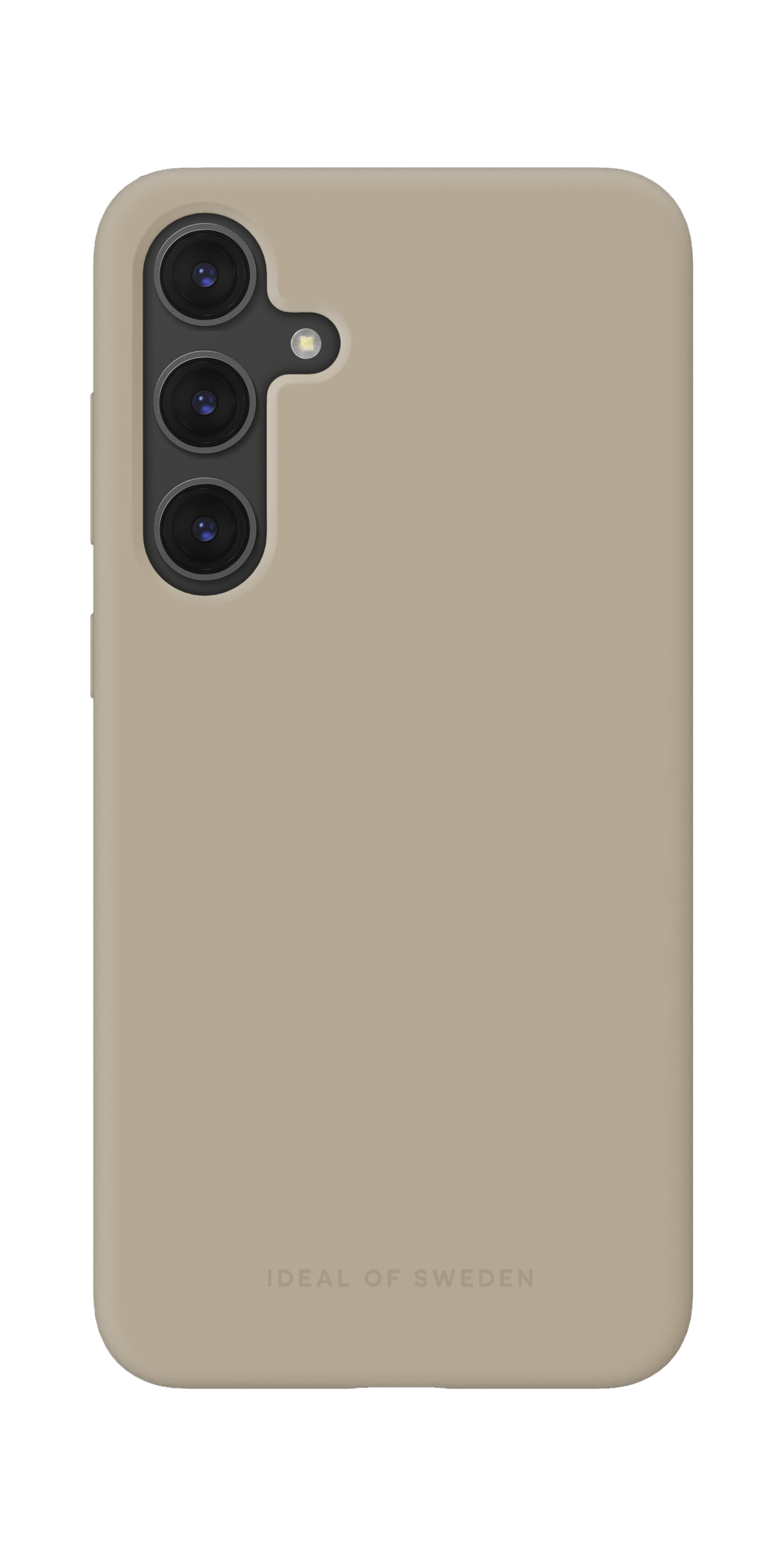 Beżowe etui na telefon z wybrzuszeniem na aparat. Etui ma trzy wycięcia na aparat i nazwę marki na dole.