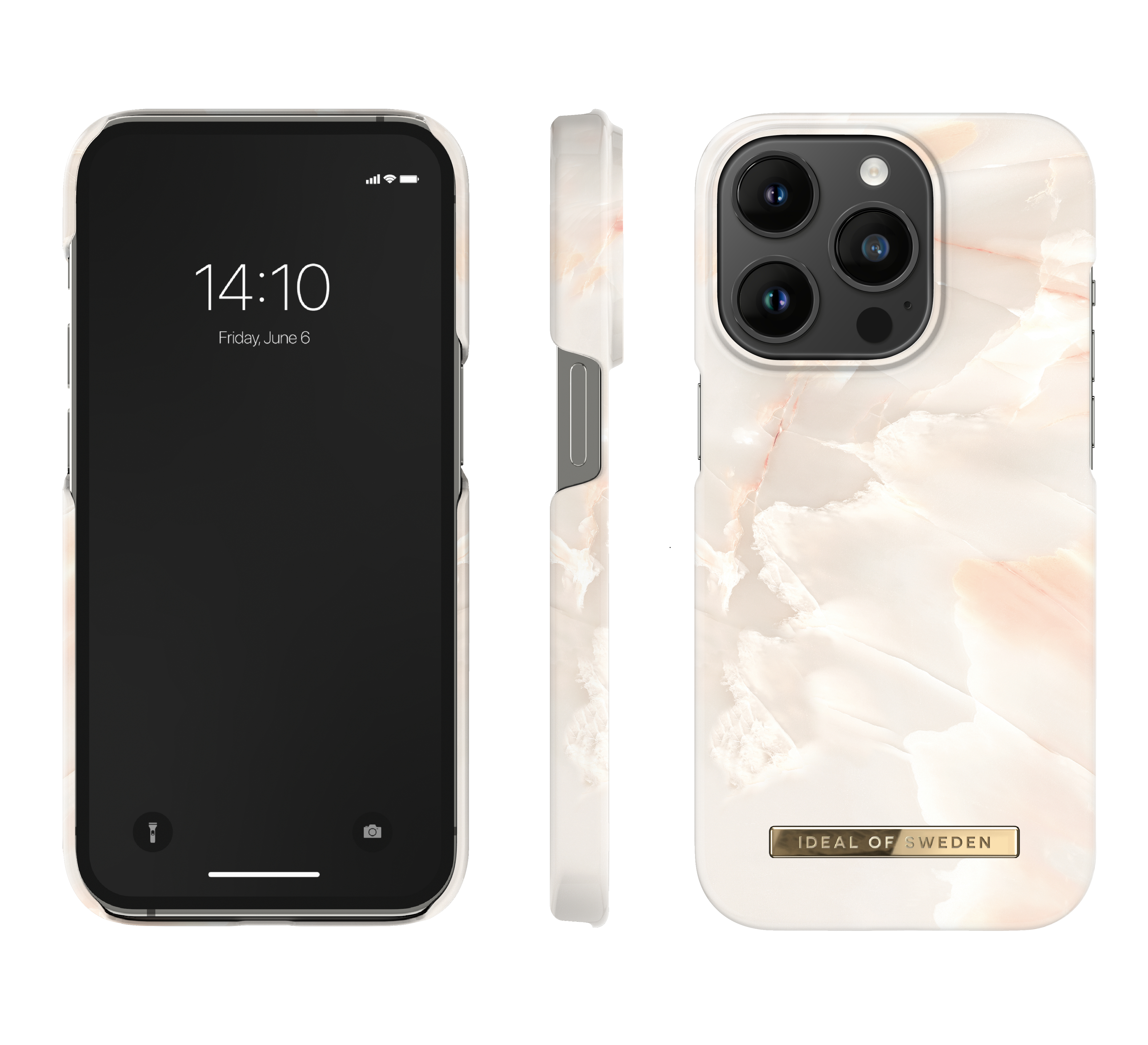 Ein iPhone in einer weißen Marmorhülle, zeigt Zeit und Datum auf dem Bildschirm.