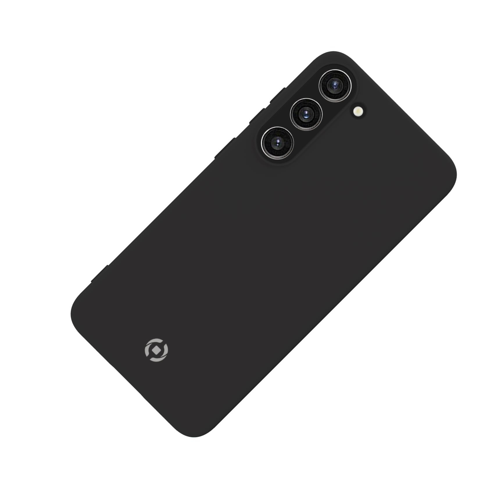Custodia per telefono nera con tre lenti della fotocamera e un piccolo logo nella parte inferiore.