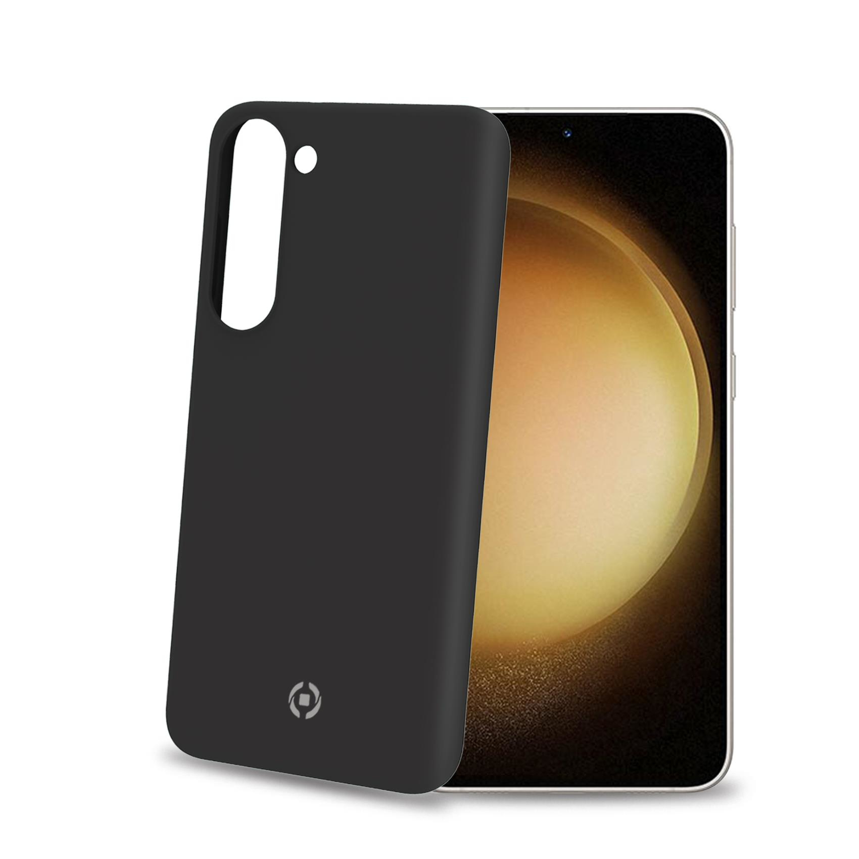 Custodia nera per telefono accanto a un telefono. Lo schermo del telefono è visibile.