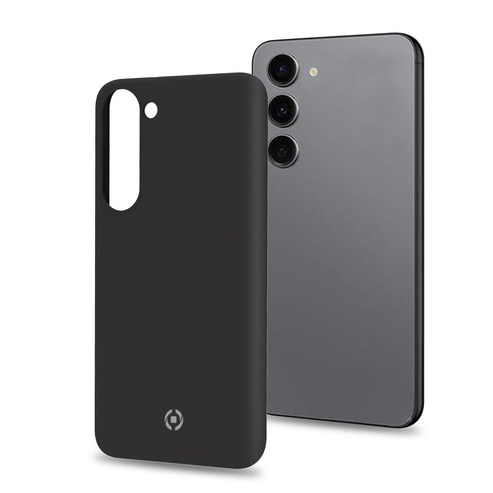 Una custodia nera per telefono accanto a un telefono grigio. La custodia ha un logo circolare.