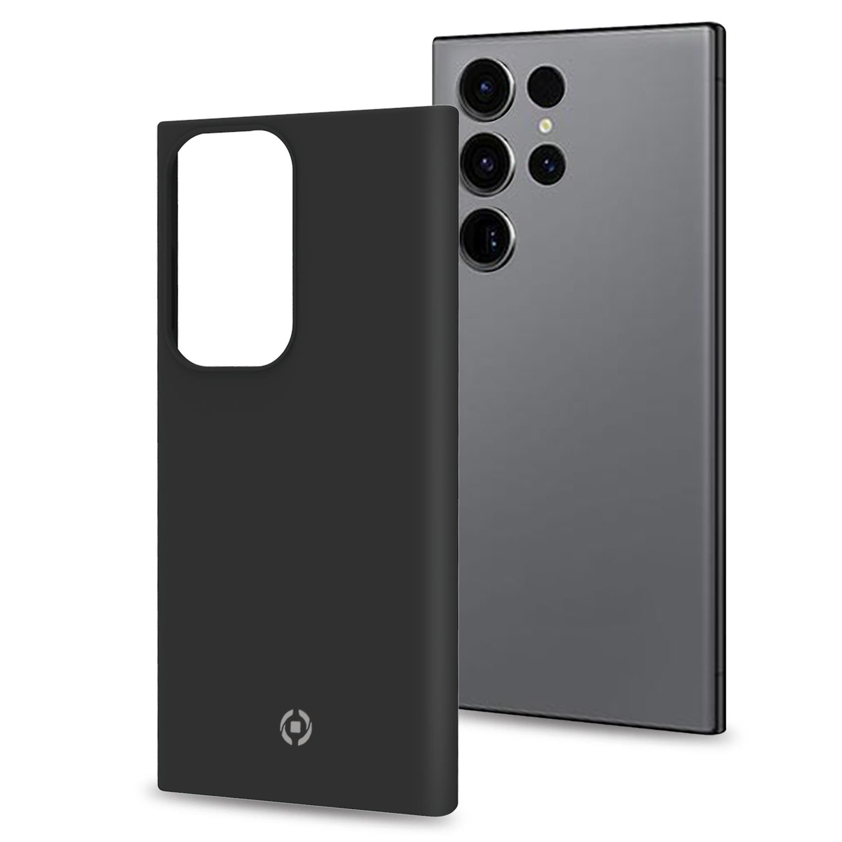 Eine schwarze Handyhülle und ein graues Telefon mit Kameralinsen, das die Passform und das Design der Hülle zeigt.