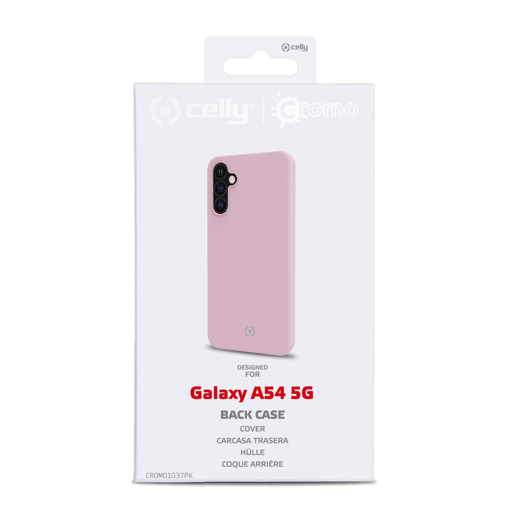 Custodia rosa per Galaxy A54 5G, in scatola bianca con dettagli.