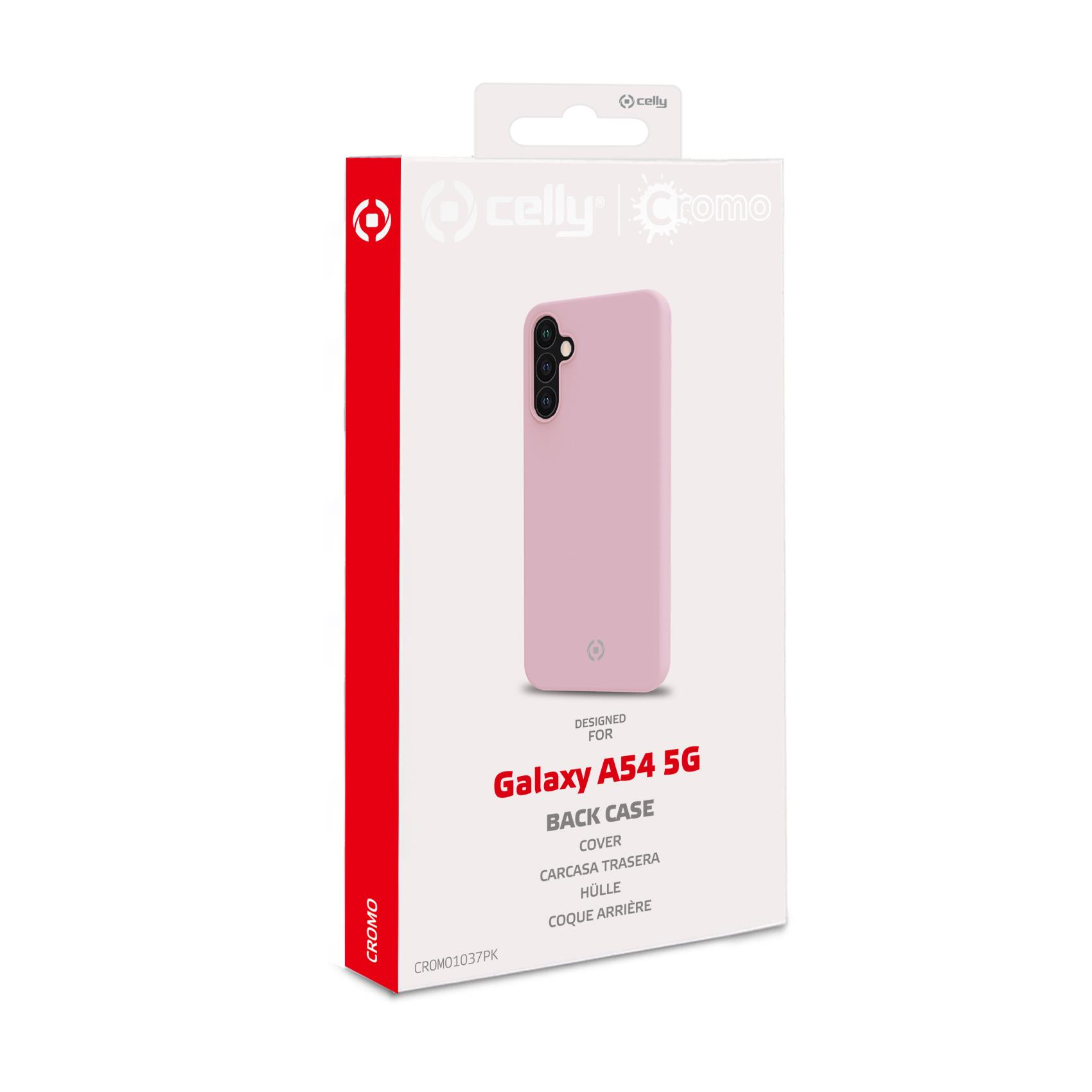 Confezione di custodia rosa per telefono che mostra una custodia e le parole 'Galaxy A54 5G'.