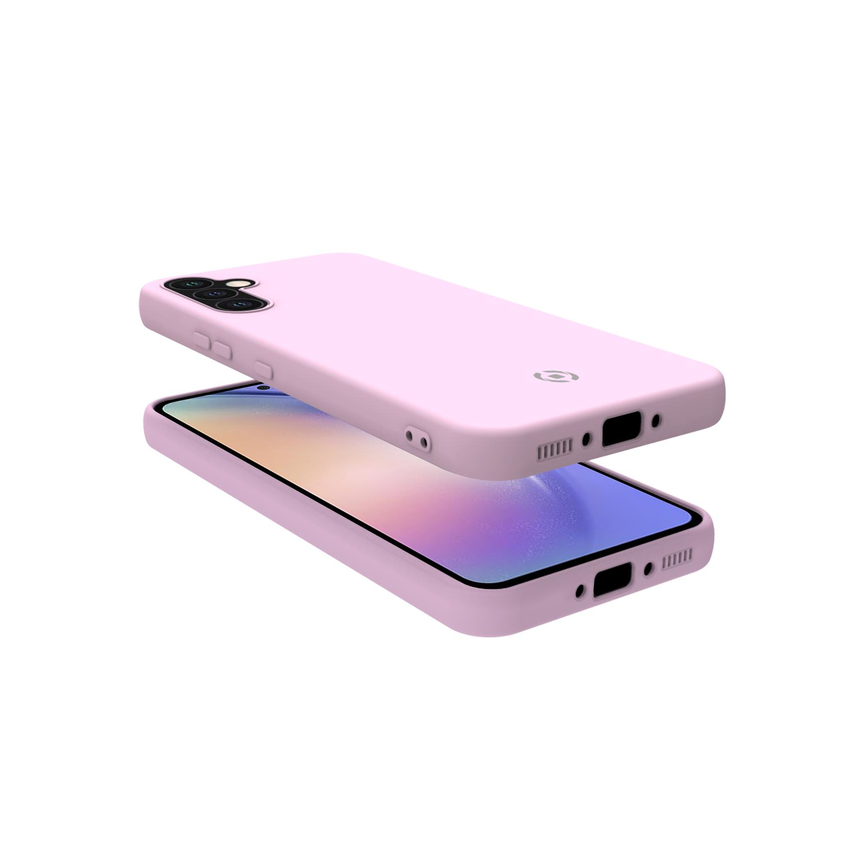 Custodia telefono rosa, due pezzi, uno sopra l'altro, isolati su sfondo bianco.