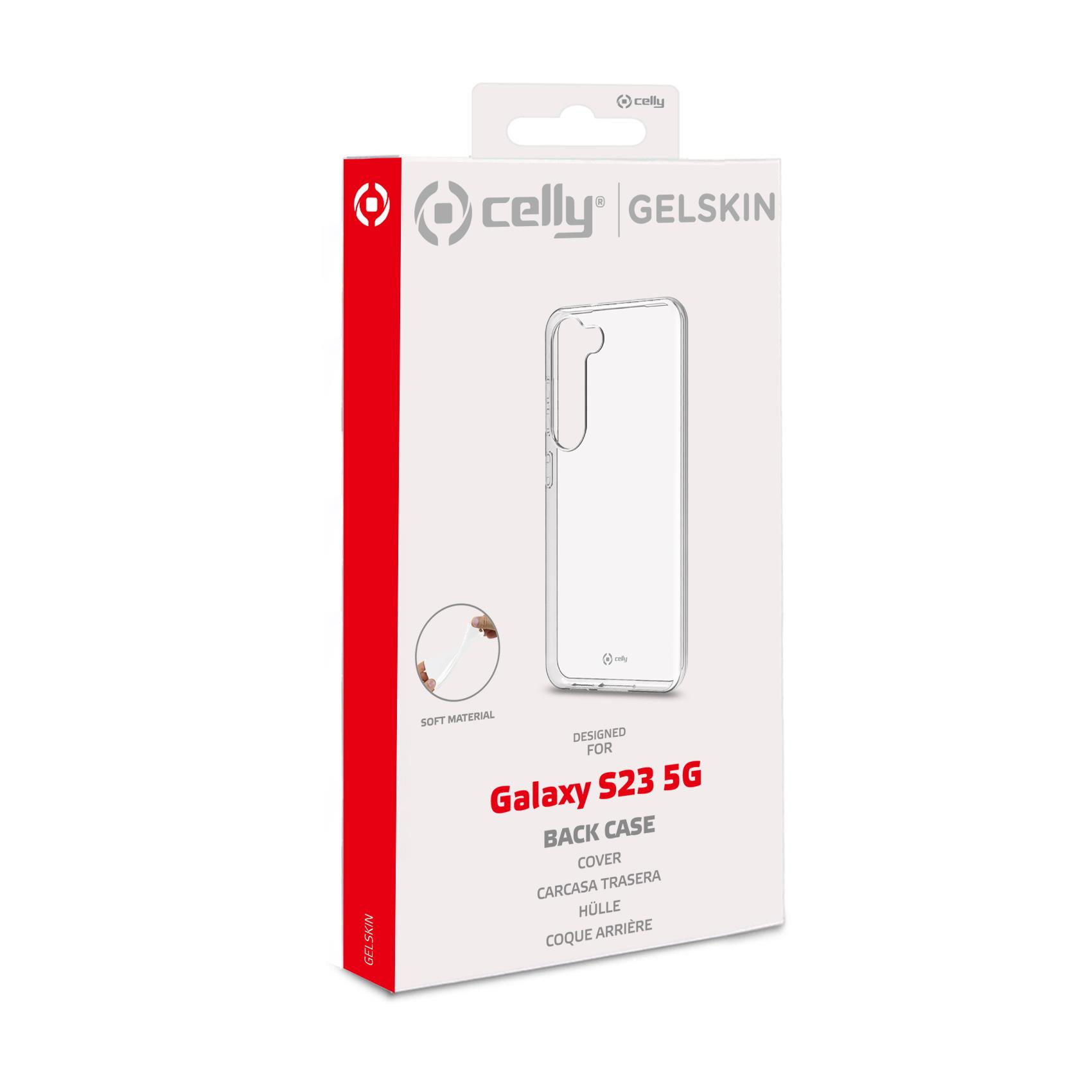 Eine weiße Handyhüllenbox, für Galaxy S23 5G, mit klarer Hülle darin.