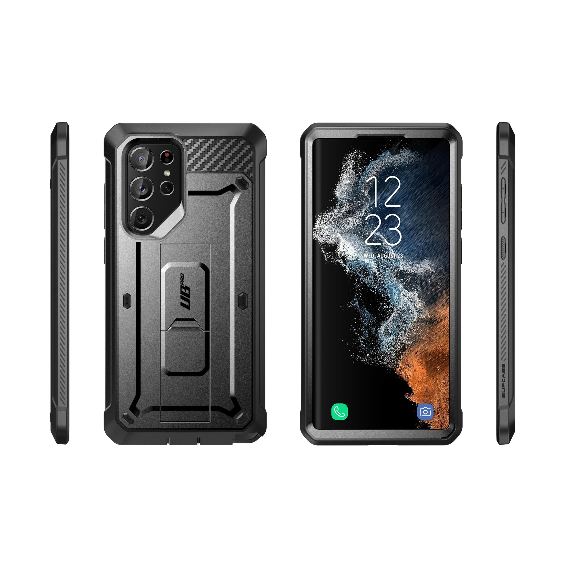 Un telefono in una custodia nera. Tre viste. La custodia ha un supporto e un design robusto e protettivo.
