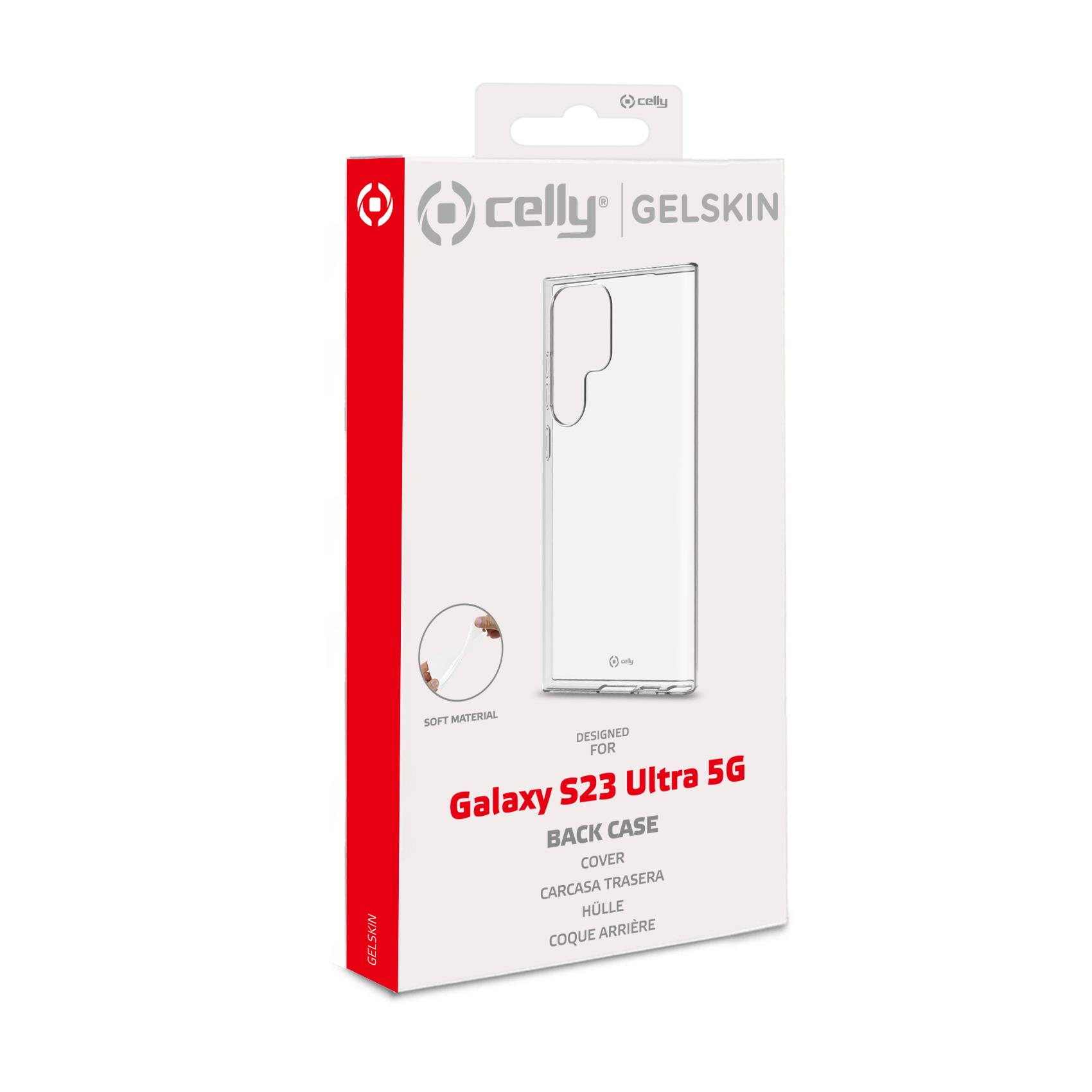 Telefonhüllenverpackung, transparente Hülle und Text: Galaxy S23 Ultra 5G.