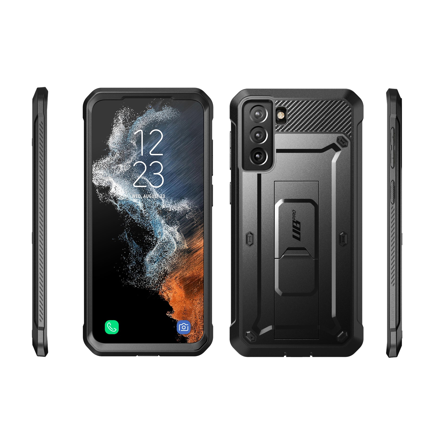 Smartphone con custodia nera, che mostra l'ora 12:23, con viste laterali e posteriori. Nero e grigio.
