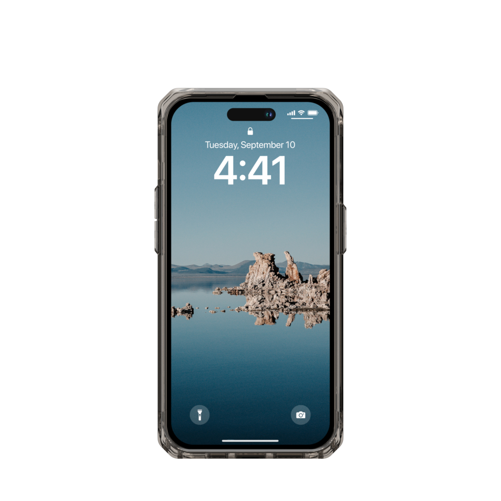 Een telefoonscherm met een landschapsbeeld en de datum/tijd in een telefoonhoesje.