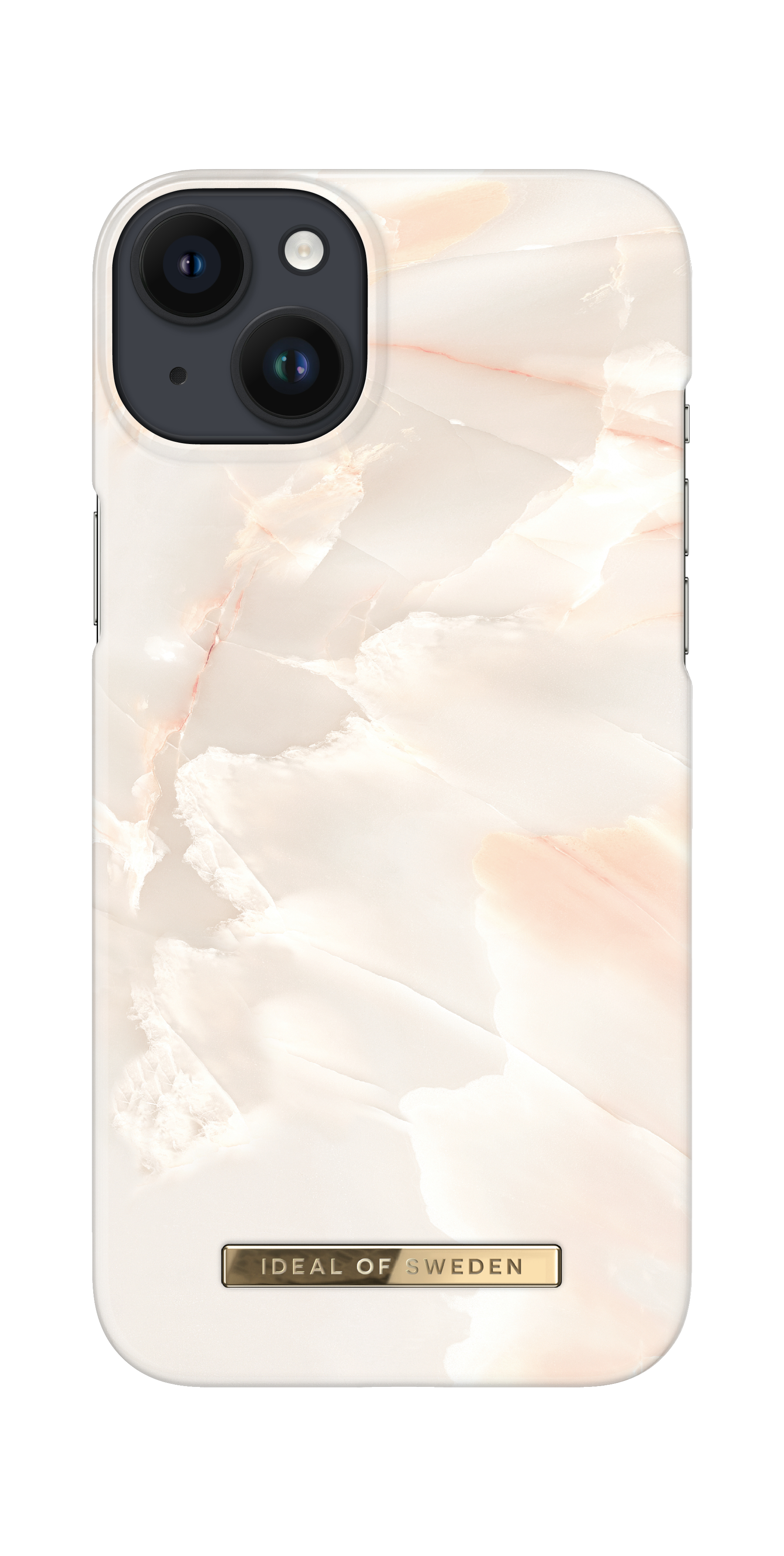 iPhone-Hülle mit Marmordesign. Weiße und beige Wirbel mit goldenem Ideal of Sweden Logo unten.