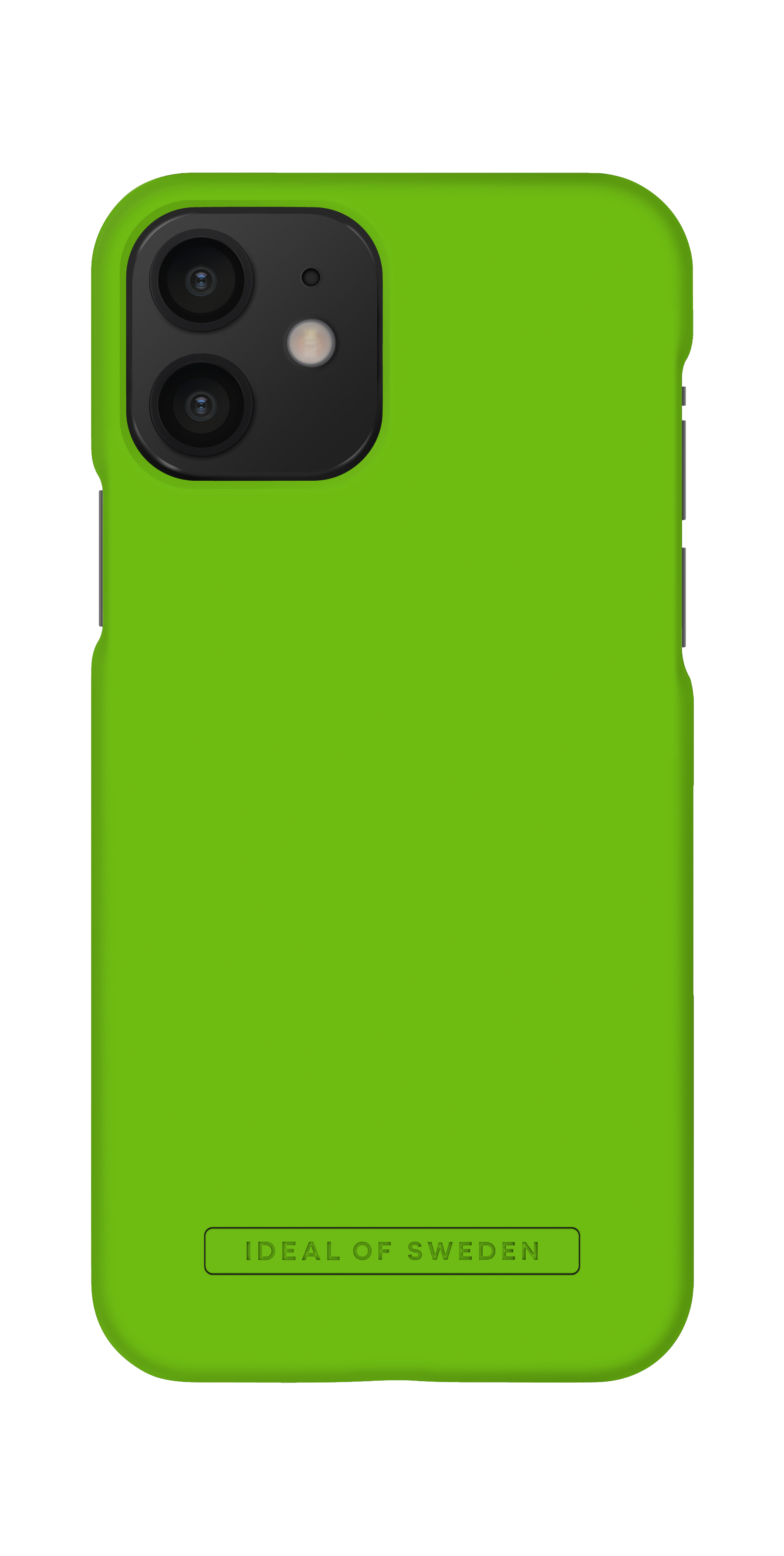 Grüne Handyhülle, Rückansicht, mit Kamera und Ideal of Sweden Logo.
