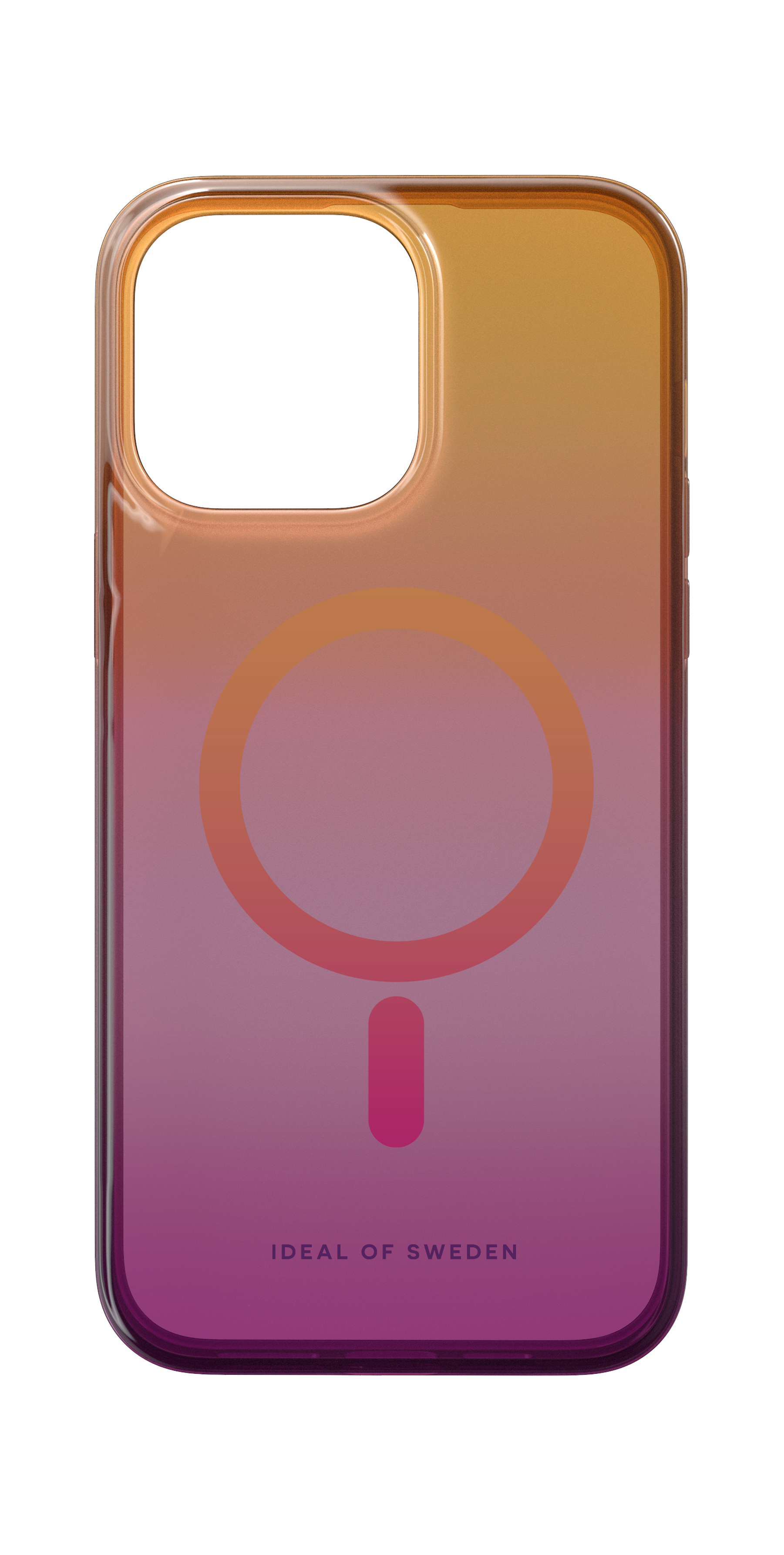 Handyhülle mit Farbverlauf, rosa bis orange, und einem magnetischen Kreismuster.