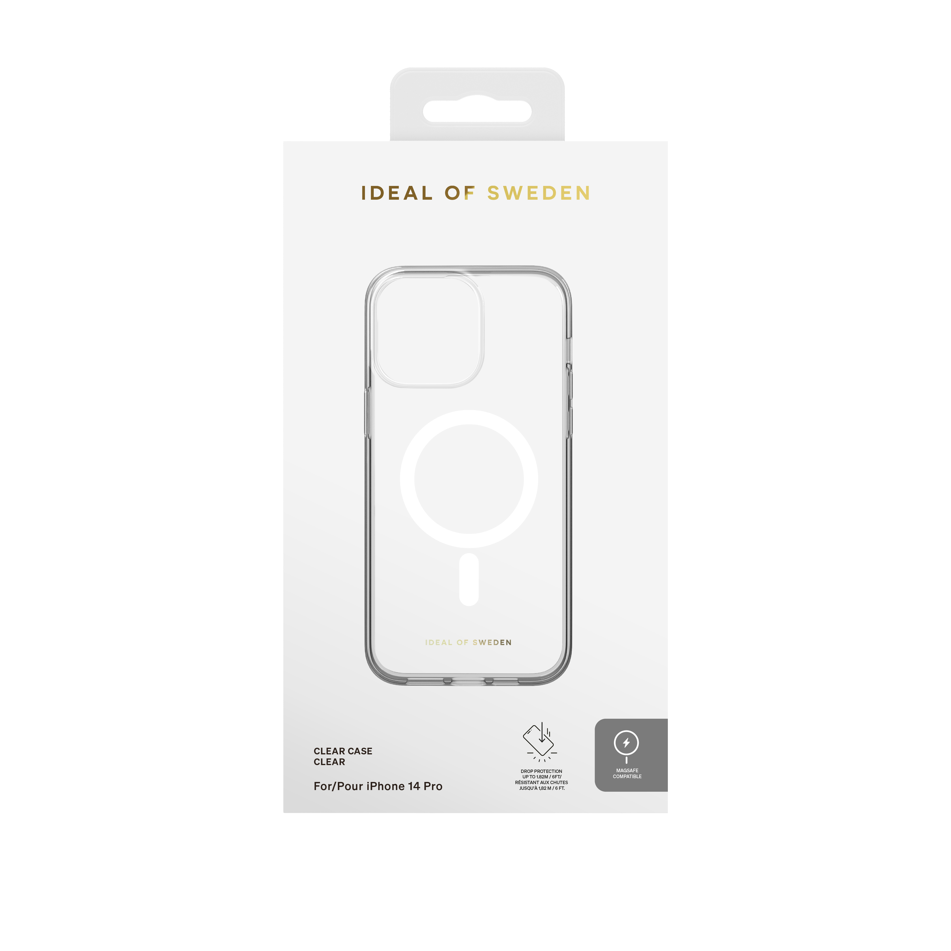 Transparente iPhone-Hülle in einer Box, mit einem MagSafe-Kreis und Ideal of Sweden-Branding. Weißer Hintergrund.