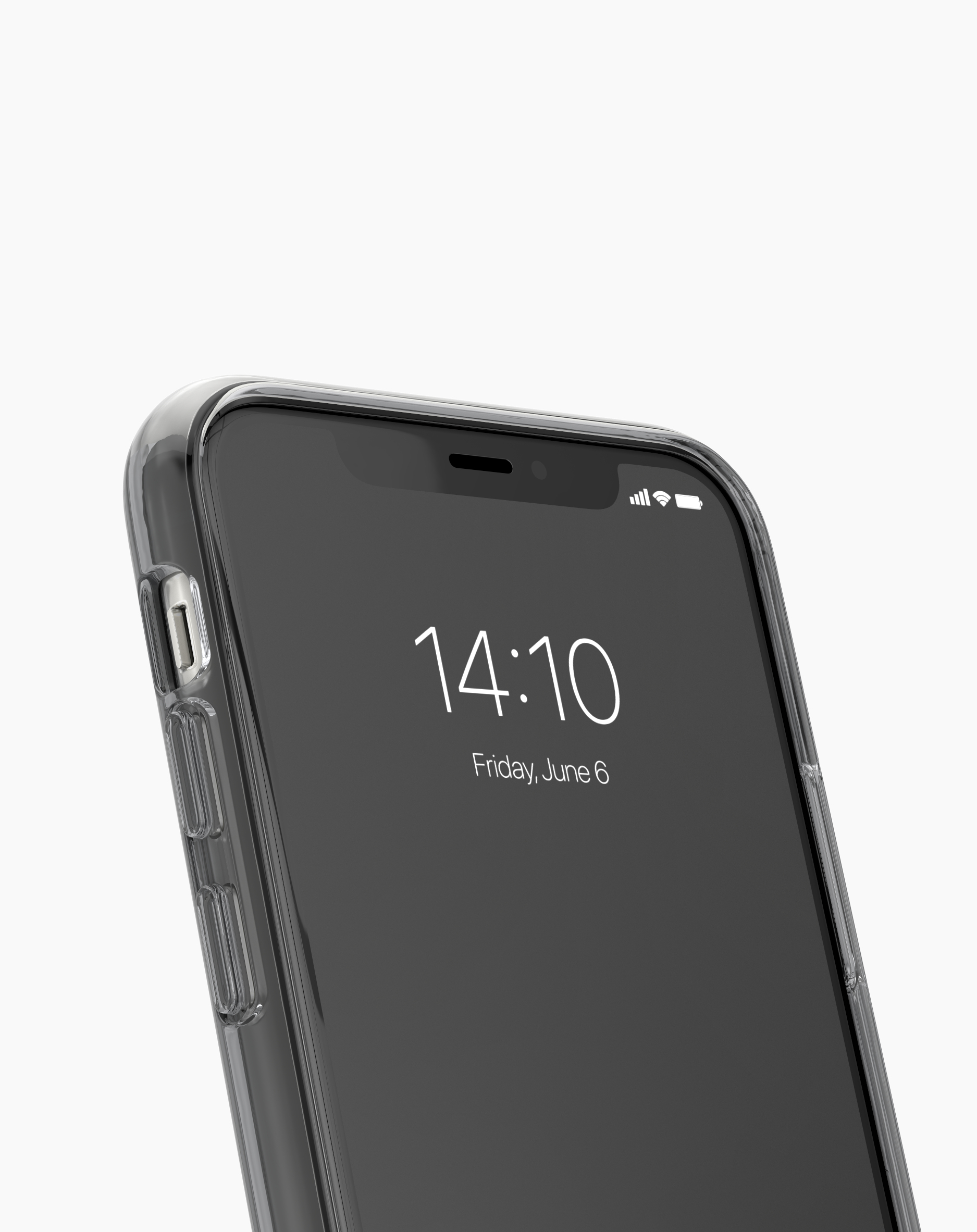 Nahaufnahme eines Telefonbildschirms mit der Uhrzeit 14:10 und dem Datum Freitag, 6. Juni. Das Telefon hat eine transparente Hülle.