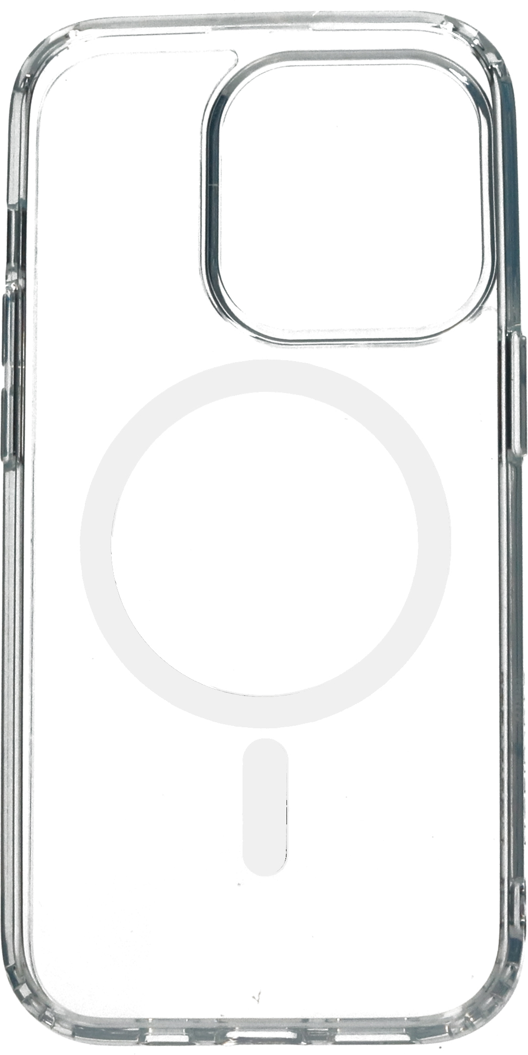 Transparante telefoonhoes met uitsparing voor camera en MagSafe ring op witte achtergrond.
