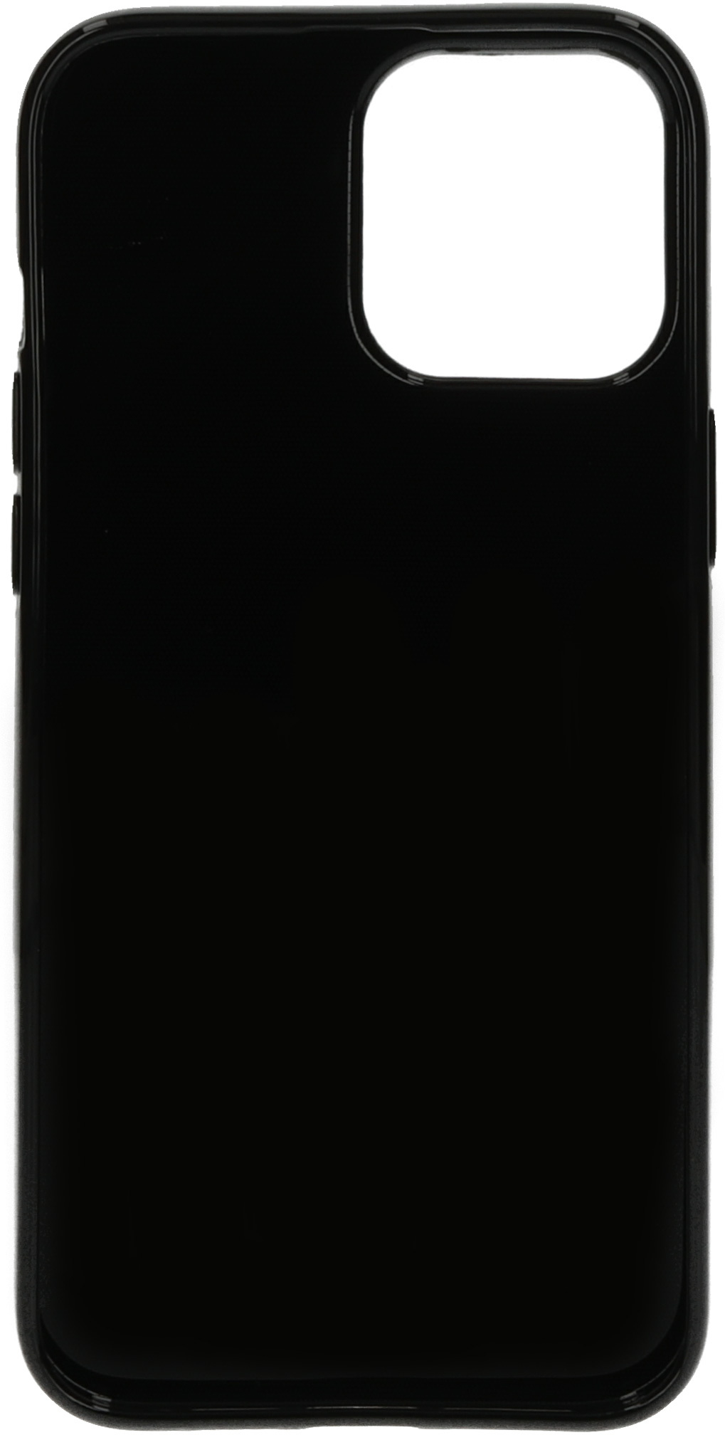 A black phone case with a camera cutout. The case is glossy. White background.