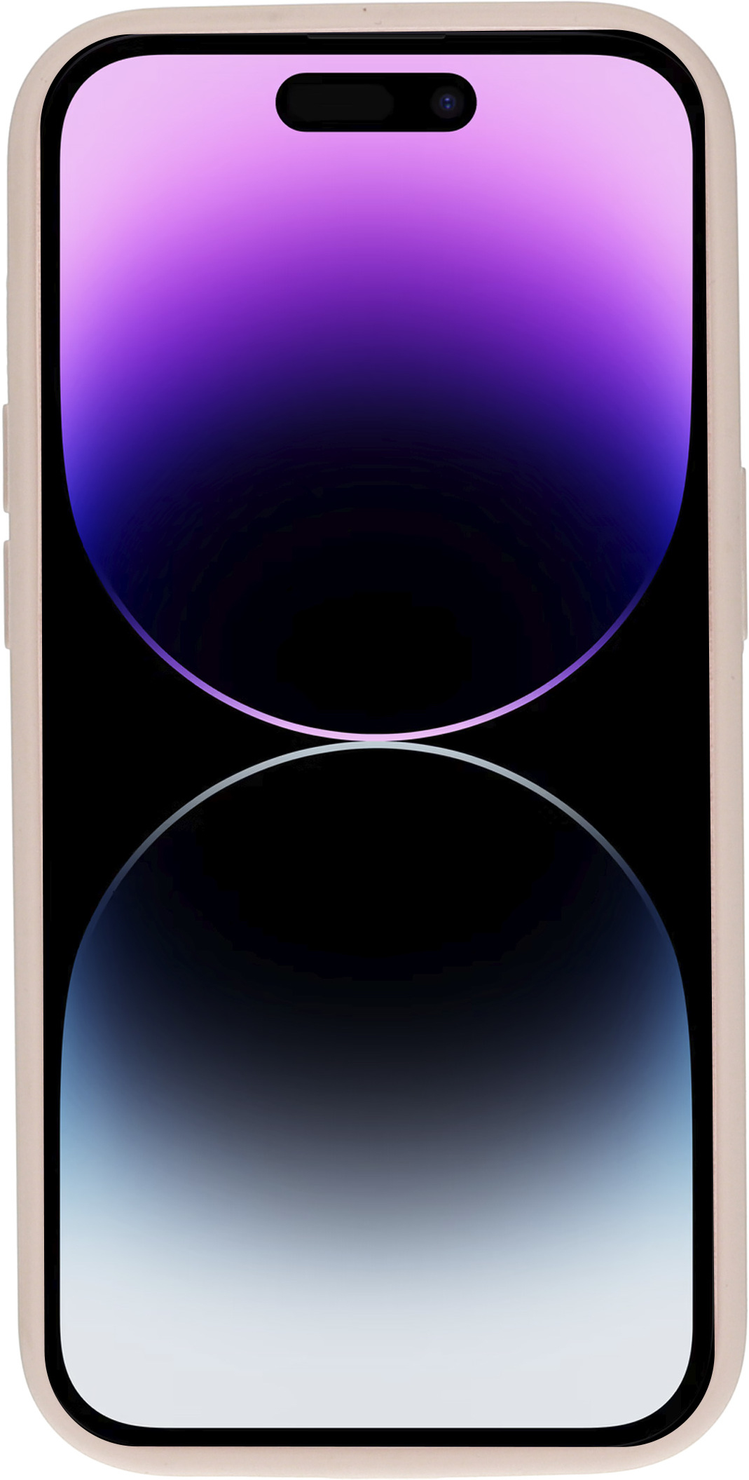 Een smartphone met een roze hoesje. Het scherm toont een kleurrijk, abstract ontwerp.