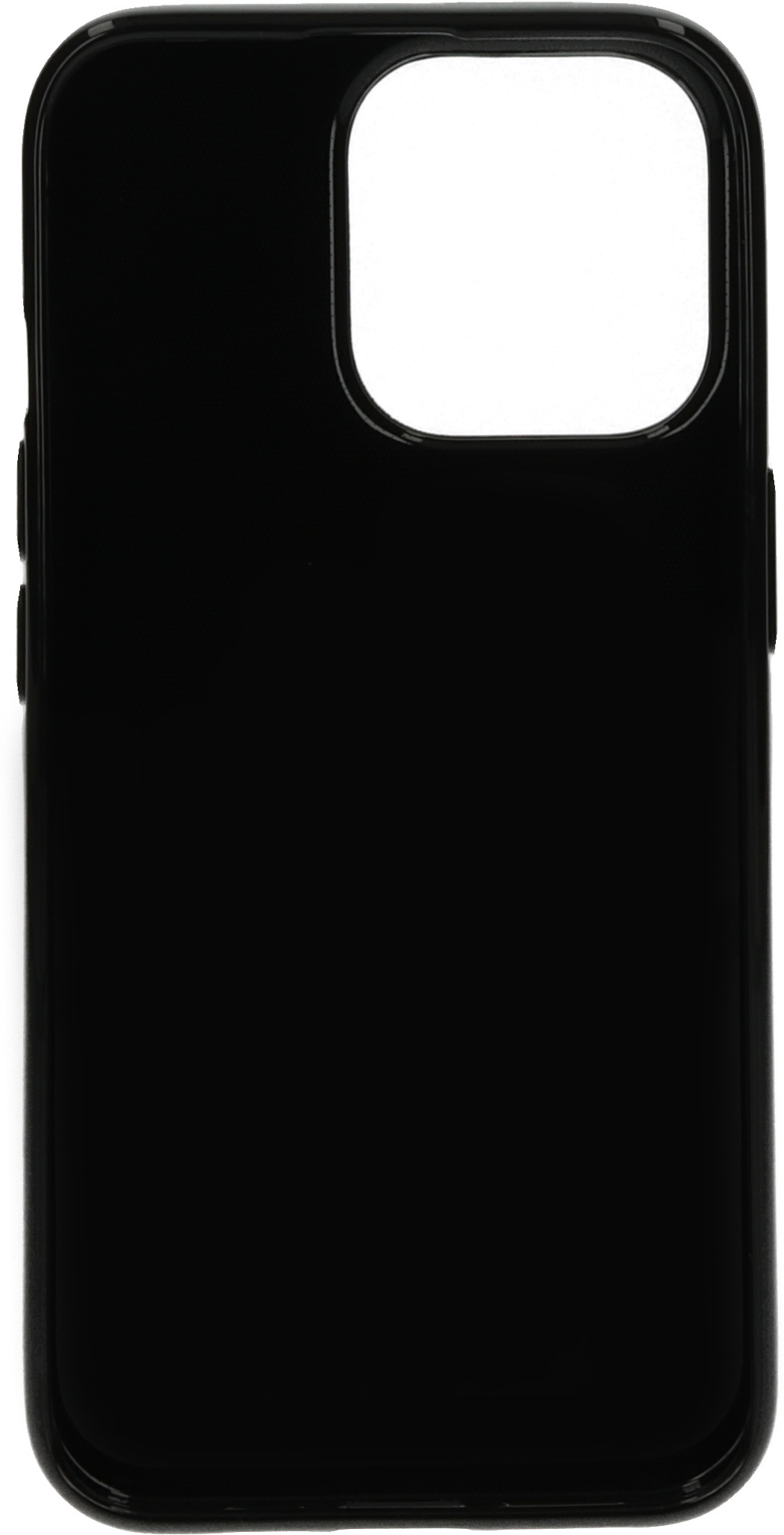 A black phone case with a camera cutout, white background.