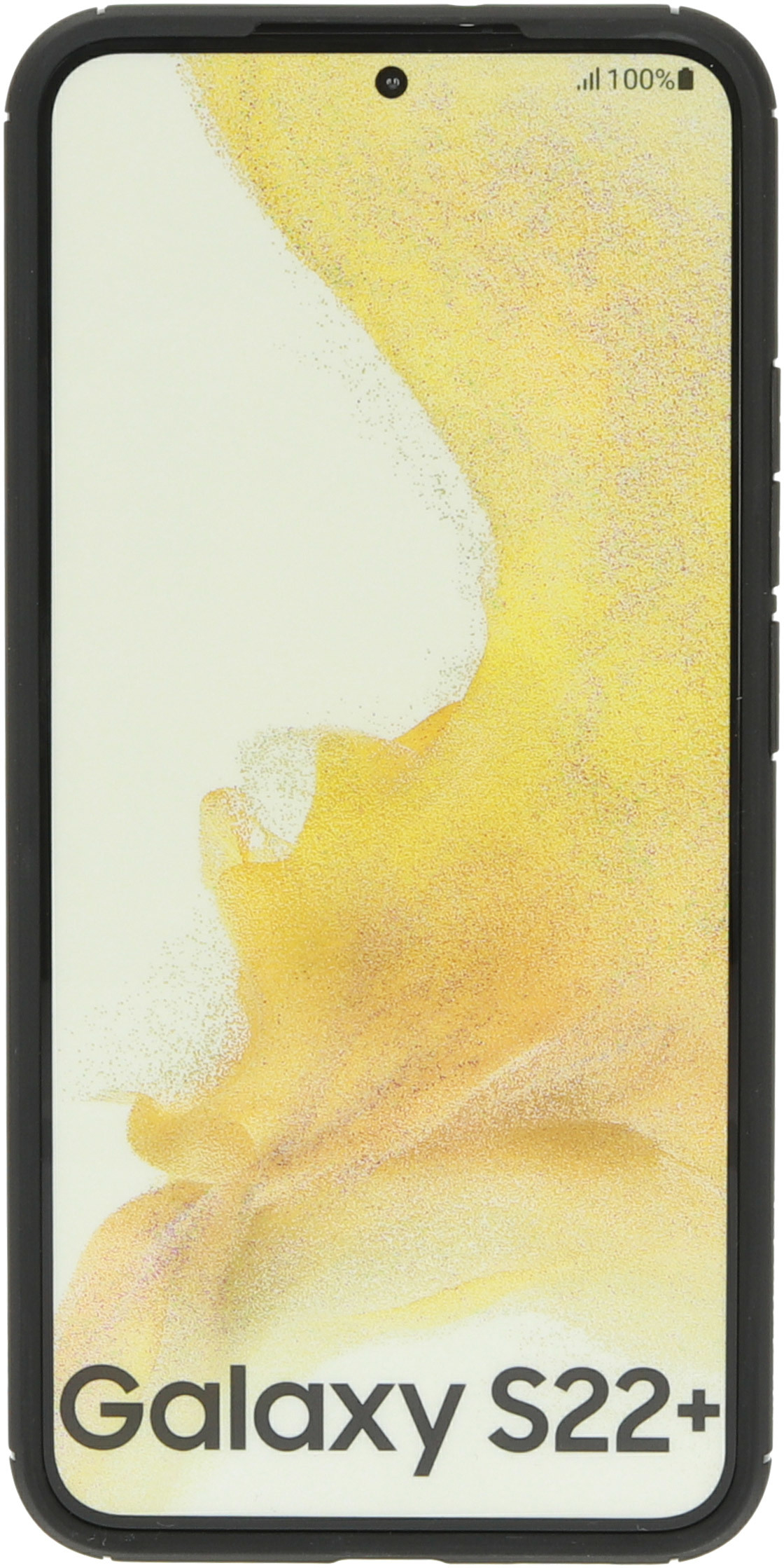 Een smartphone met een zwart hoesje. Het scherm toont een abstract, geel en wit ontwerp.