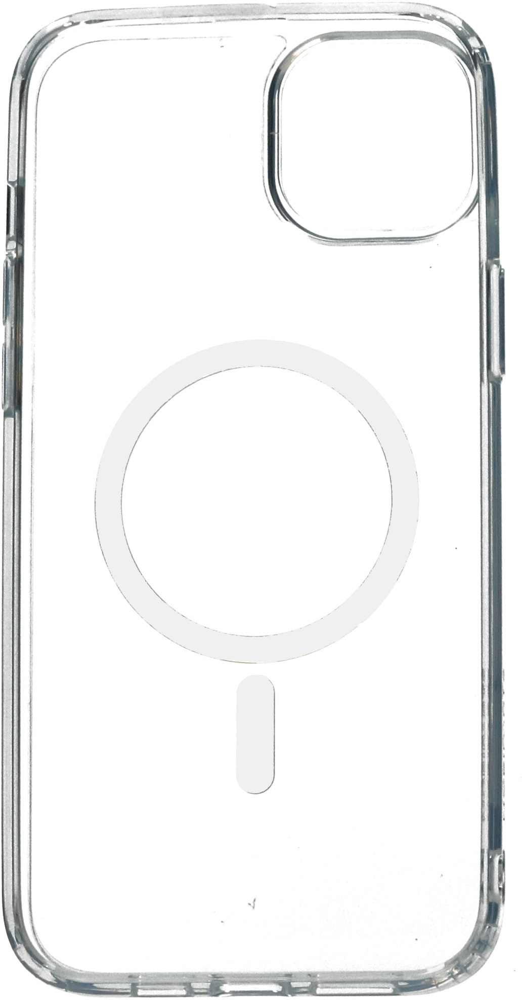 Transparante telefoonhoes met uitsparing voor camera en MagSafe ring op witte achtergrond.