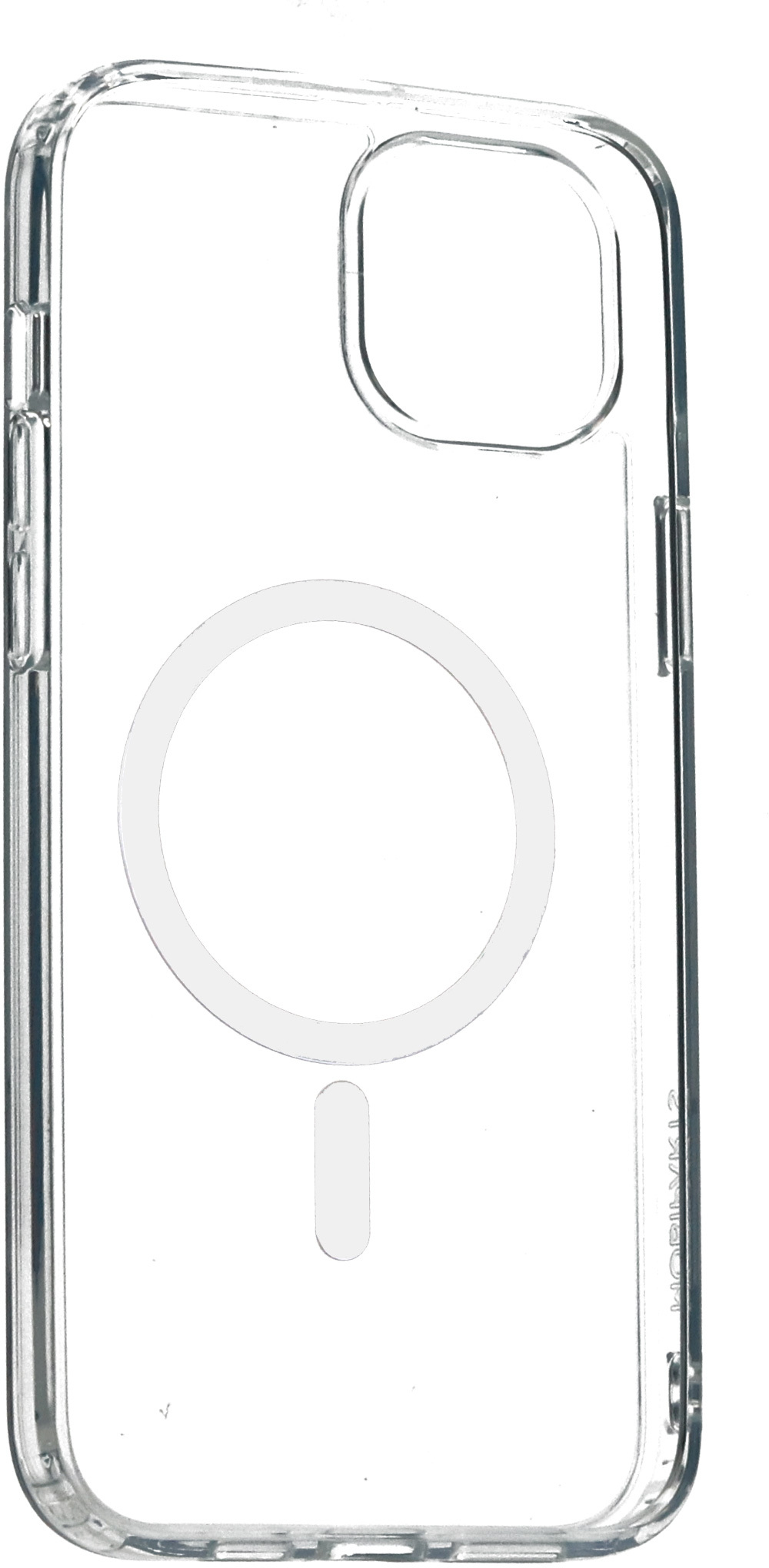 Een transparante telefoonhoes met een witte magnetische ring en een verticale balk. Het is helder.